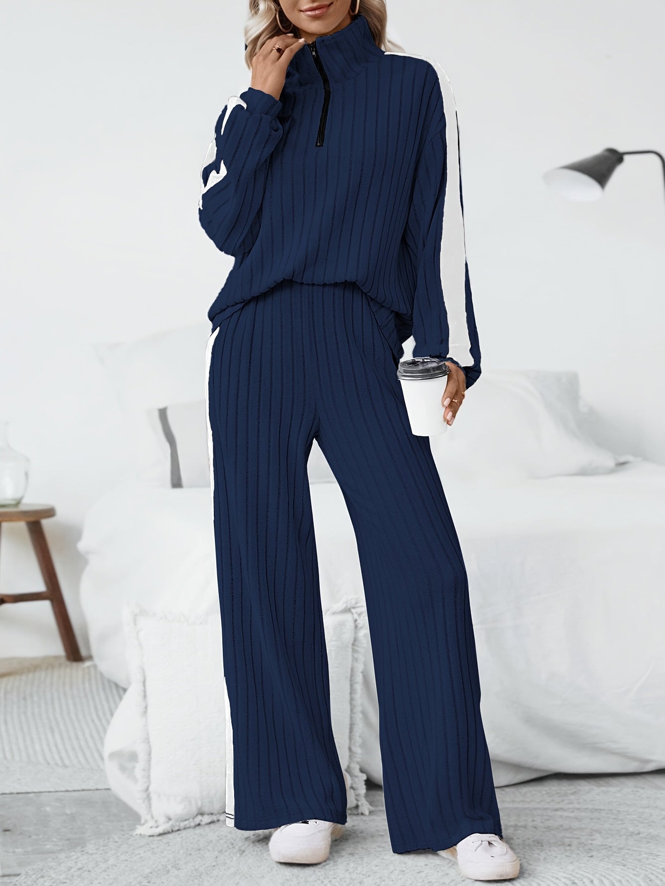 WL Atelier | Striped Collar Top & Color-Block Wide-Leg Pants Set