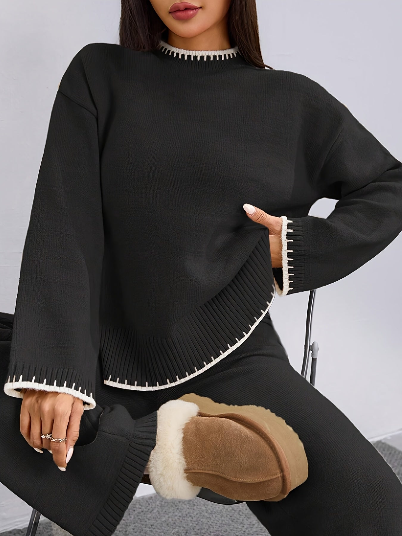 WL Atelier | Elegant Contrast Pullover Sweater & Pants Two-Piece Set