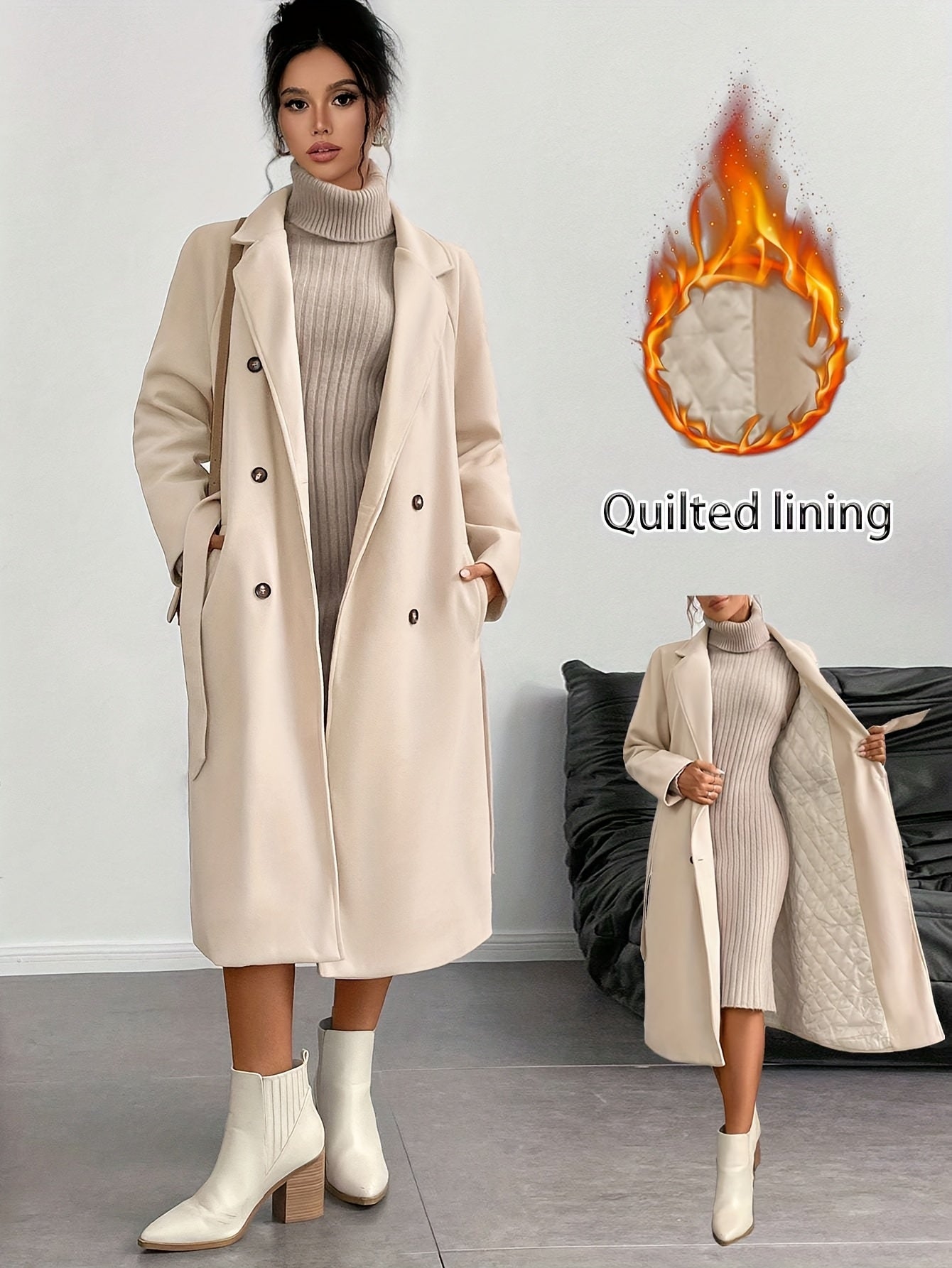 WL Atelier | Elegant Double-Breasted Long Coat with Belt