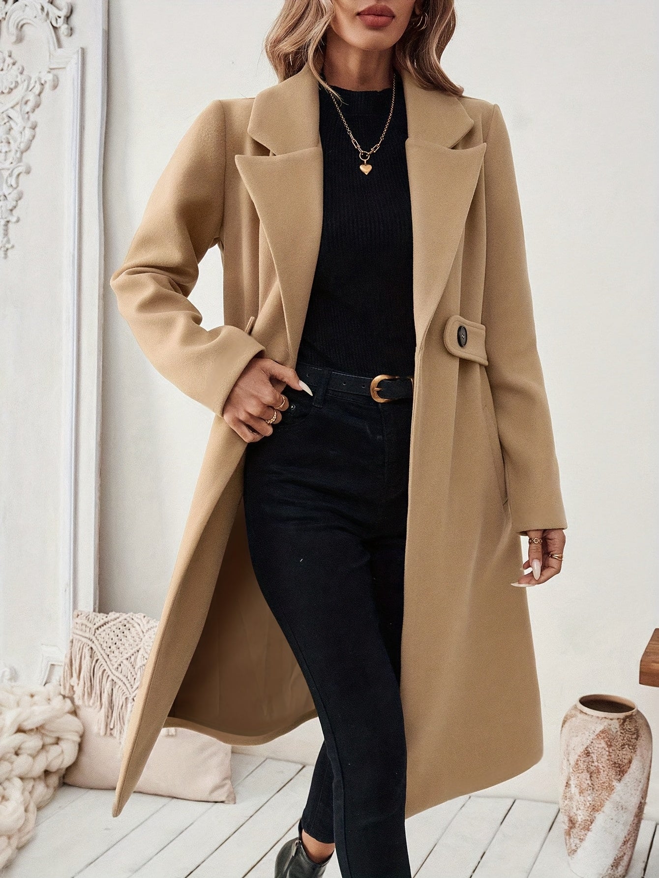 WL Atelier | Elegant Long Black Tweed Coat with Belt
