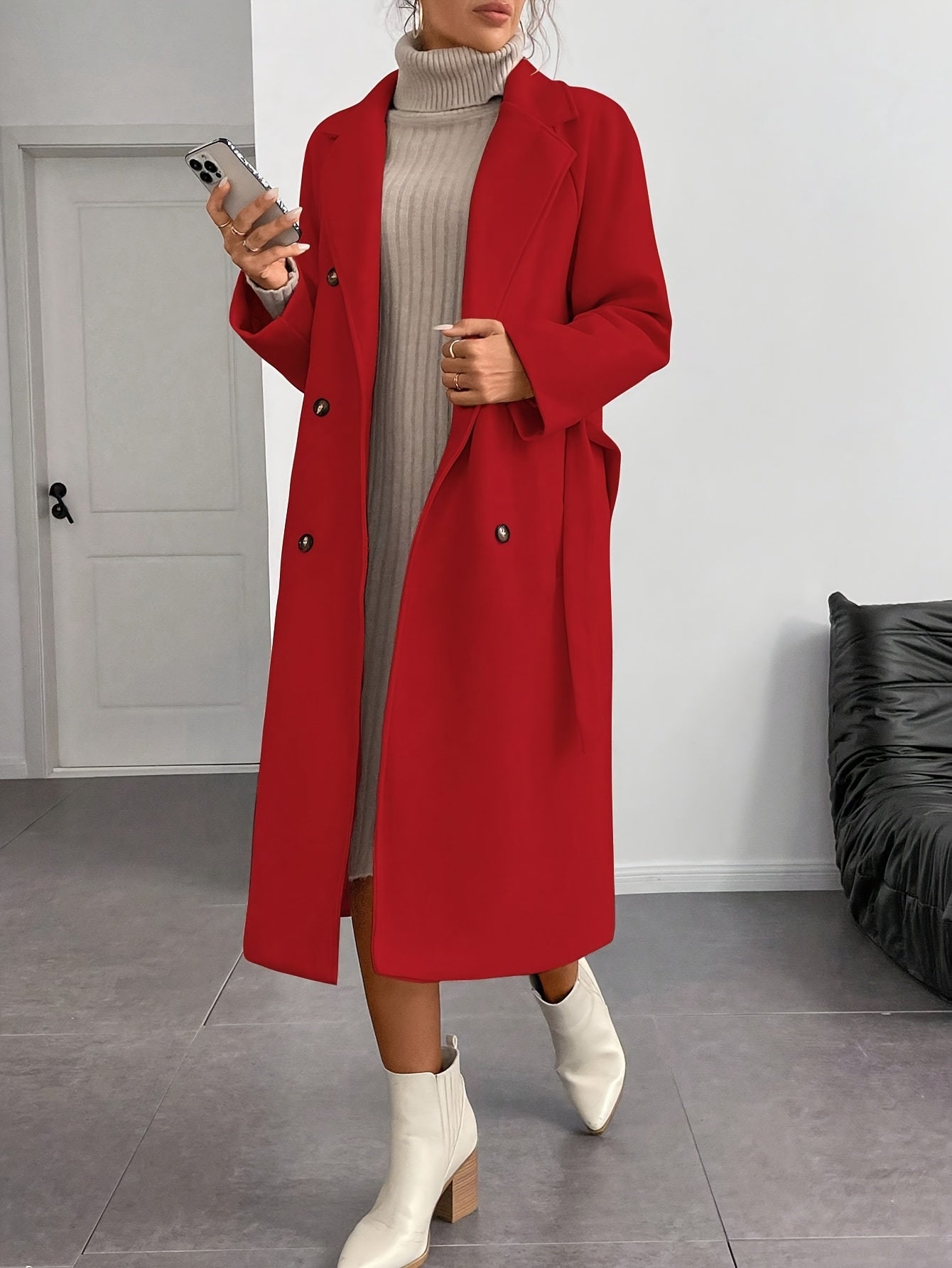 WL Atelier | Elegant Double-Breasted Long Coat with Belt