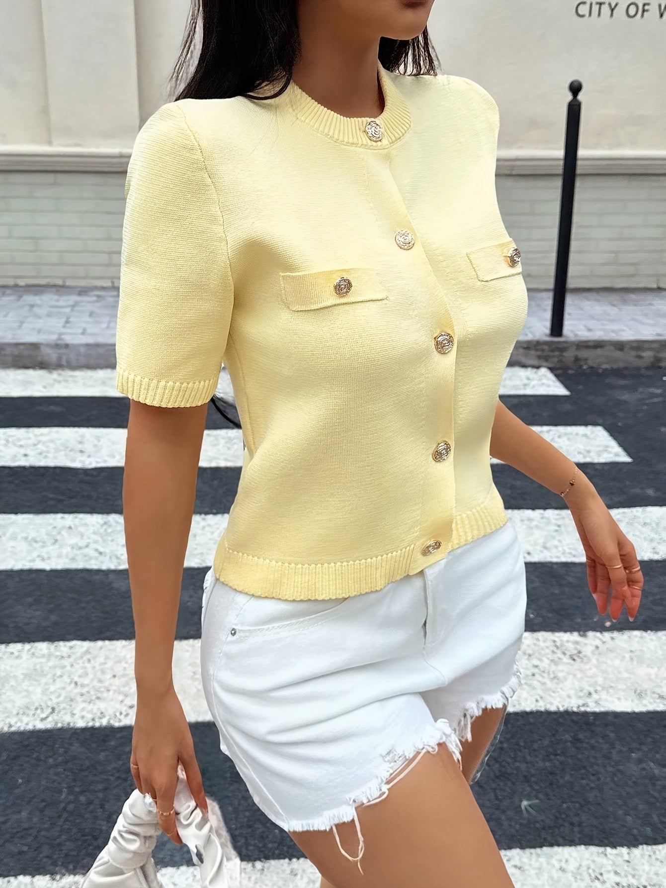 WL Atelier | Yellow Short-Sleeve Button-Front Knit Top