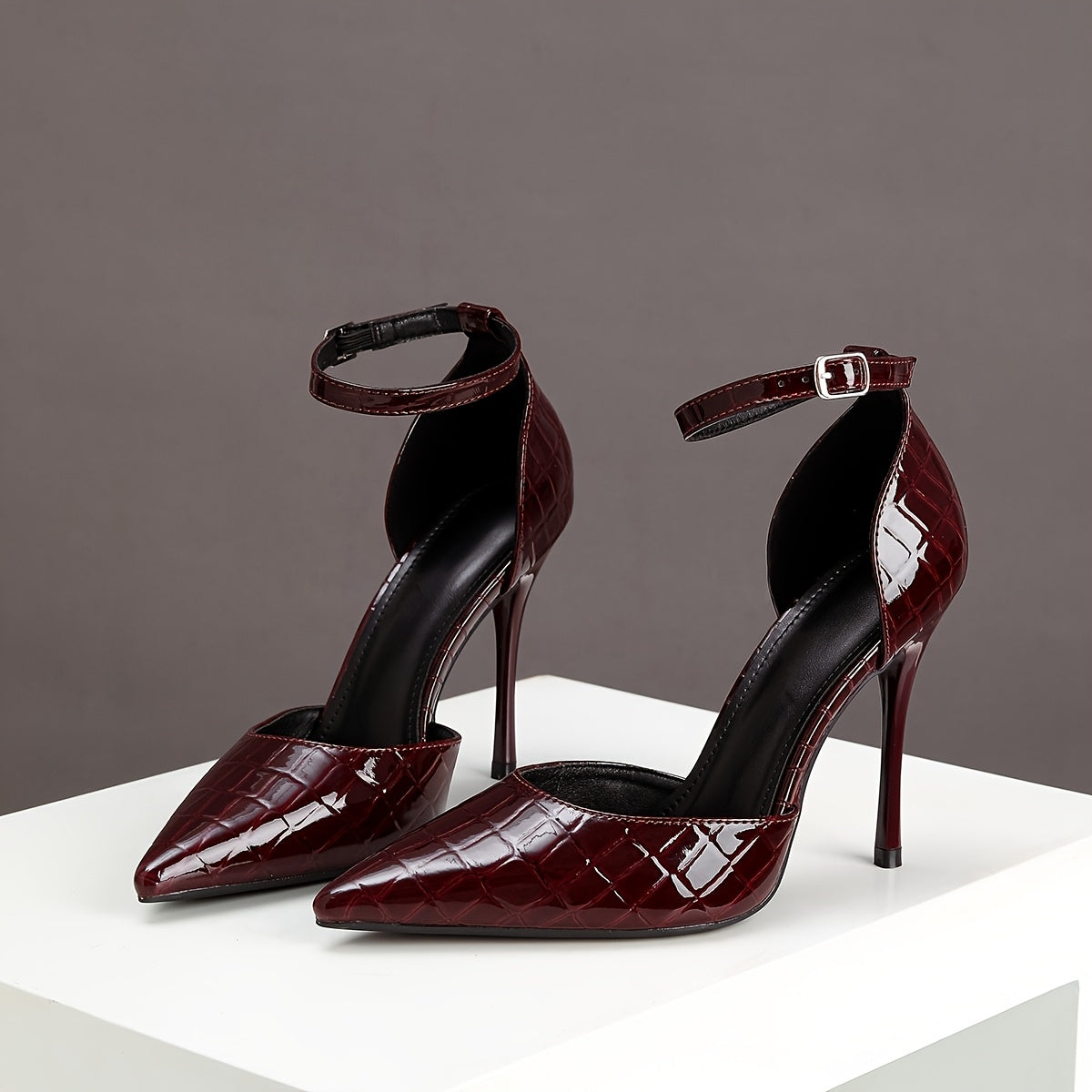WL Atelier | Burgundy Snake-Print Pointed-Toe Stiletto Heels