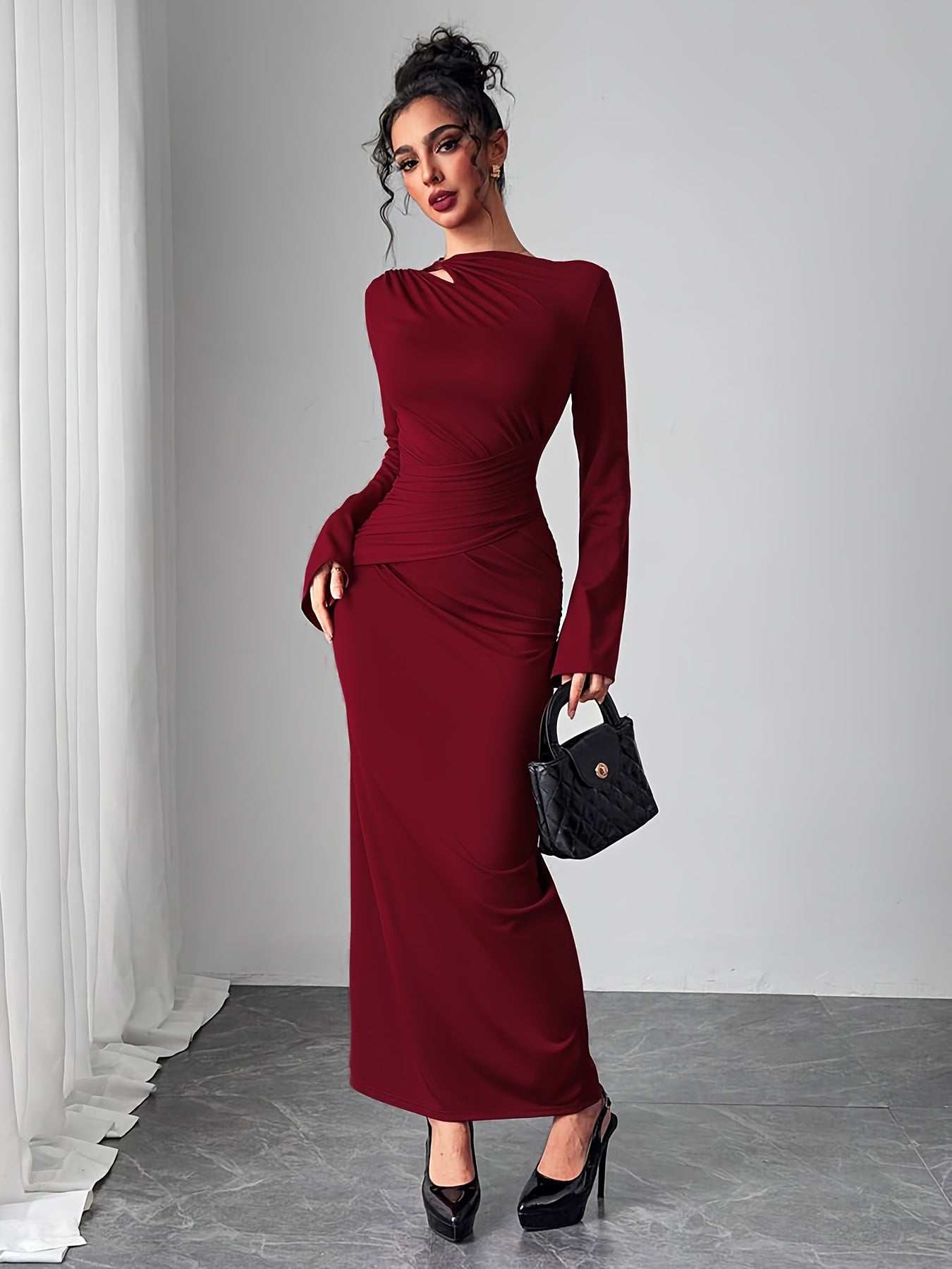 WL Atelier | Elegant Bodycon Dress with Bell Sleeves & Asymmetrical Neckline