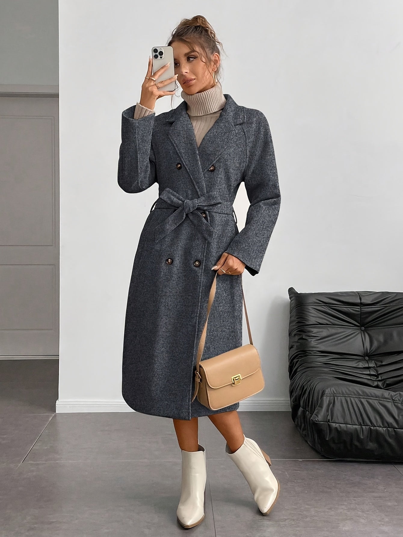 WL Atelier | Elegant Double-Breasted Long Coat with Belt