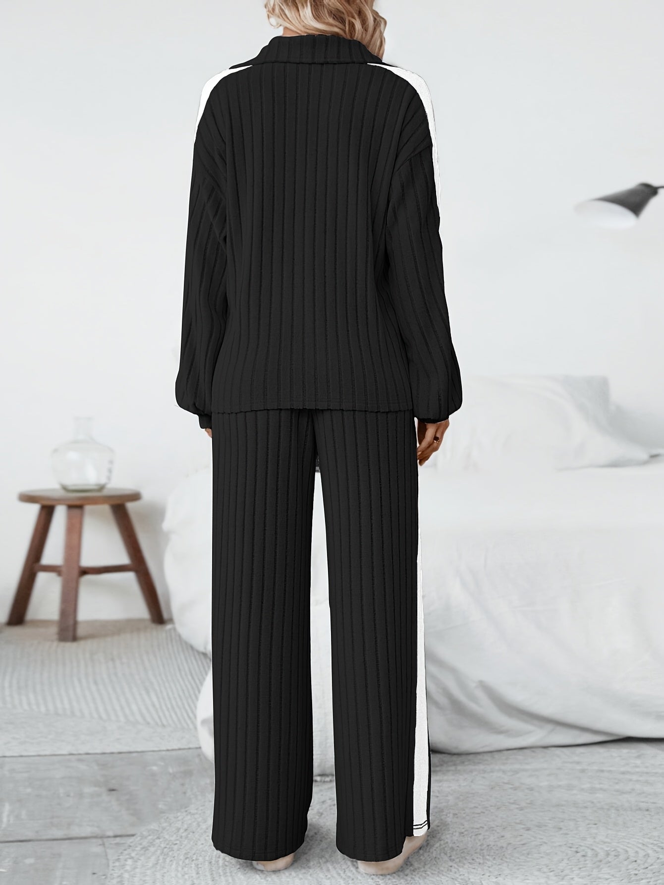 WL Atelier | Striped Collar Top & Color-Block Wide-Leg Pants Set