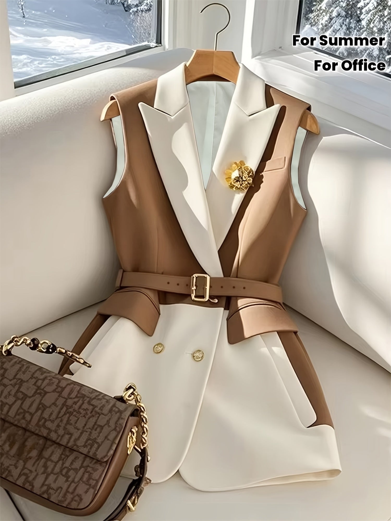WL Atelier | Elegant White & Beige Color Block Sleeveless Blazer Vest