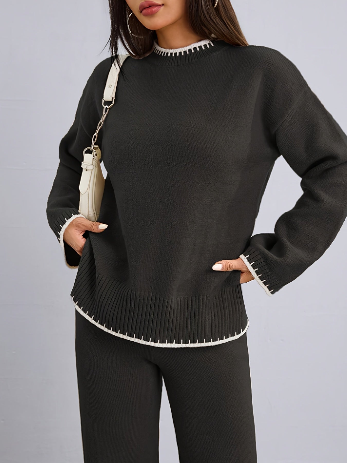 WL Atelier | Elegant Contrast Pullover Sweater & Pants Two-Piece Set
