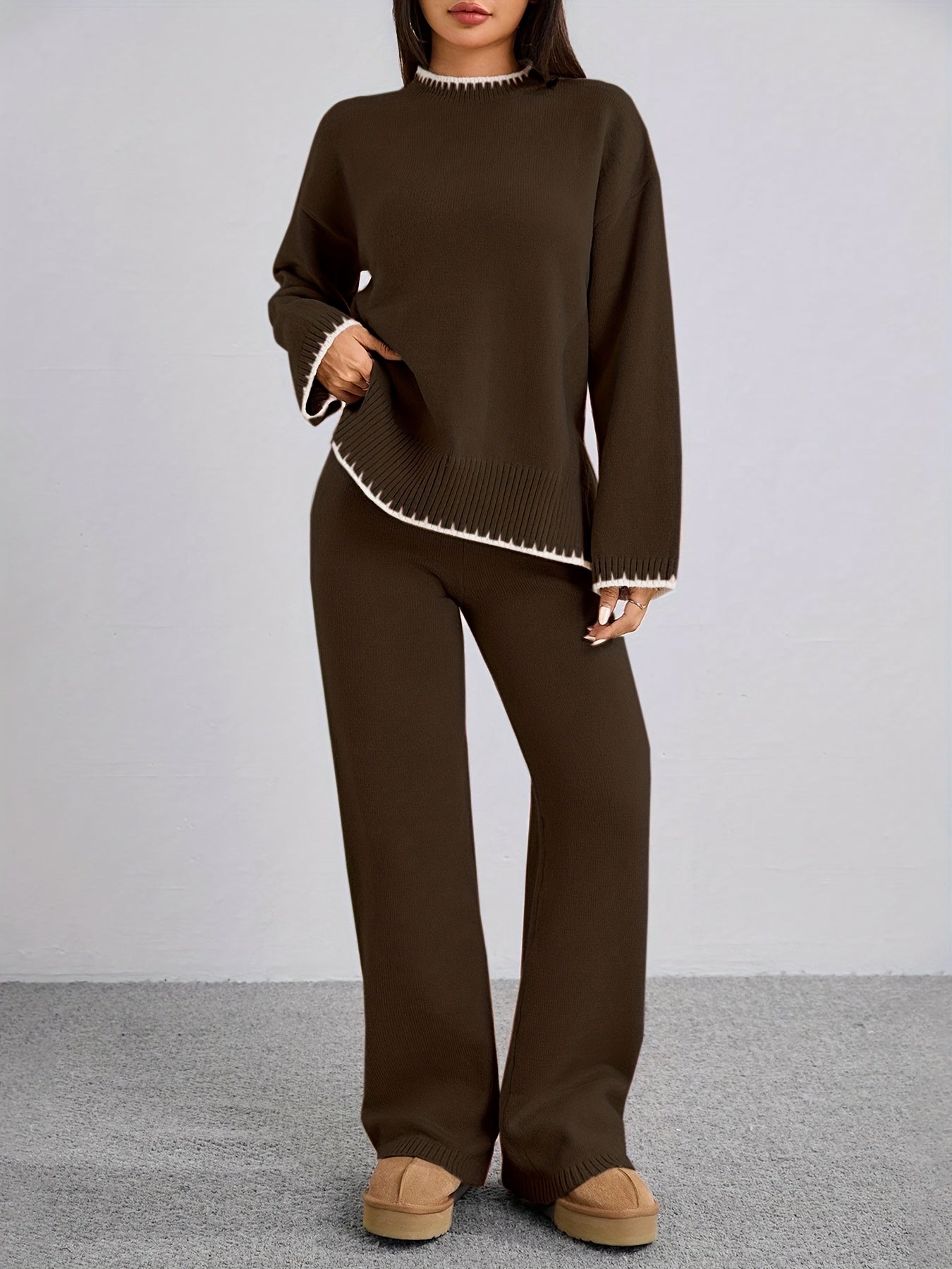 WL Atelier | Elegant Contrast Pullover Sweater & Pants Two-Piece Set