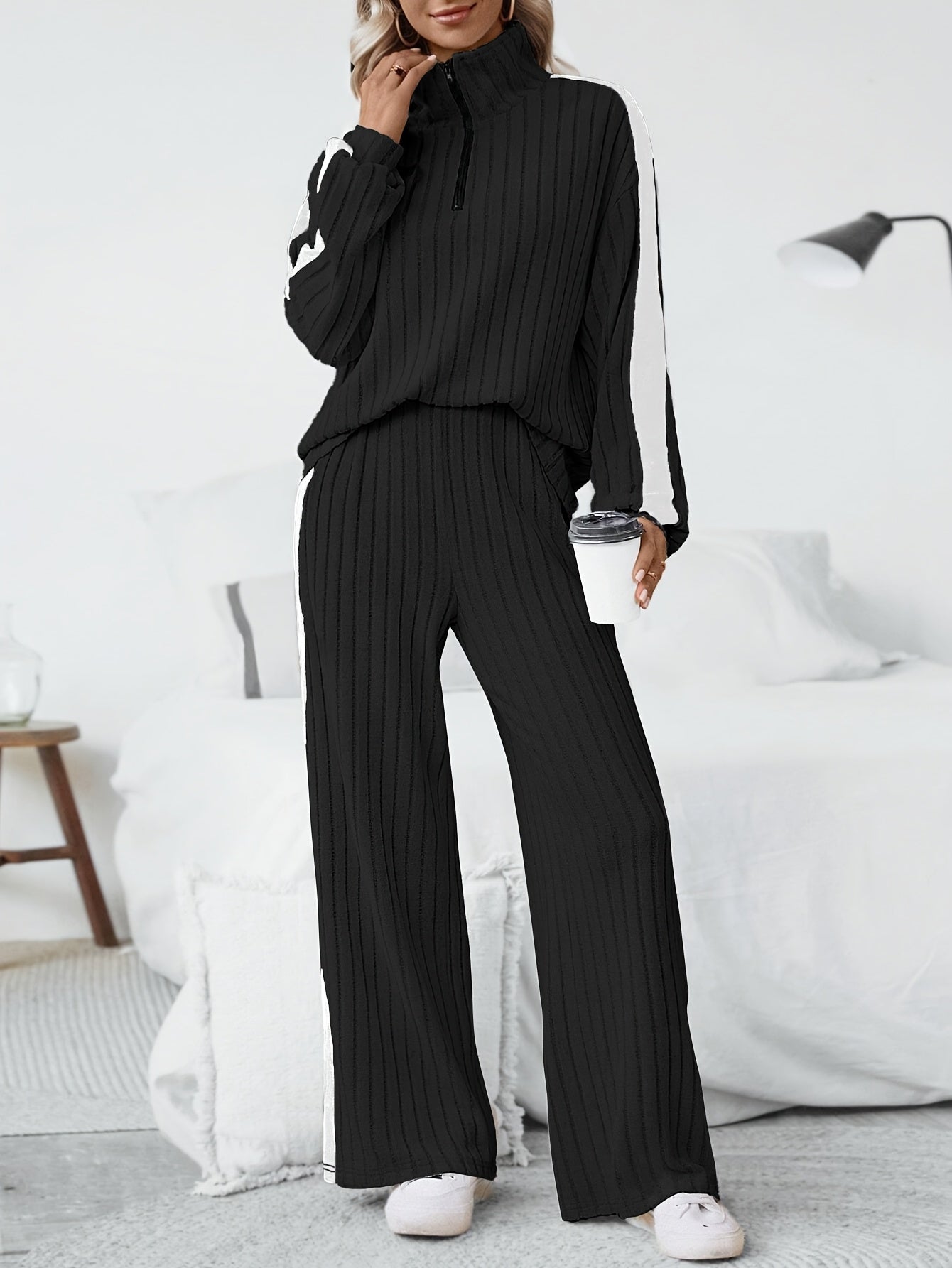 WL Atelier | Striped Collar Top & Color-Block Wide-Leg Pants Set