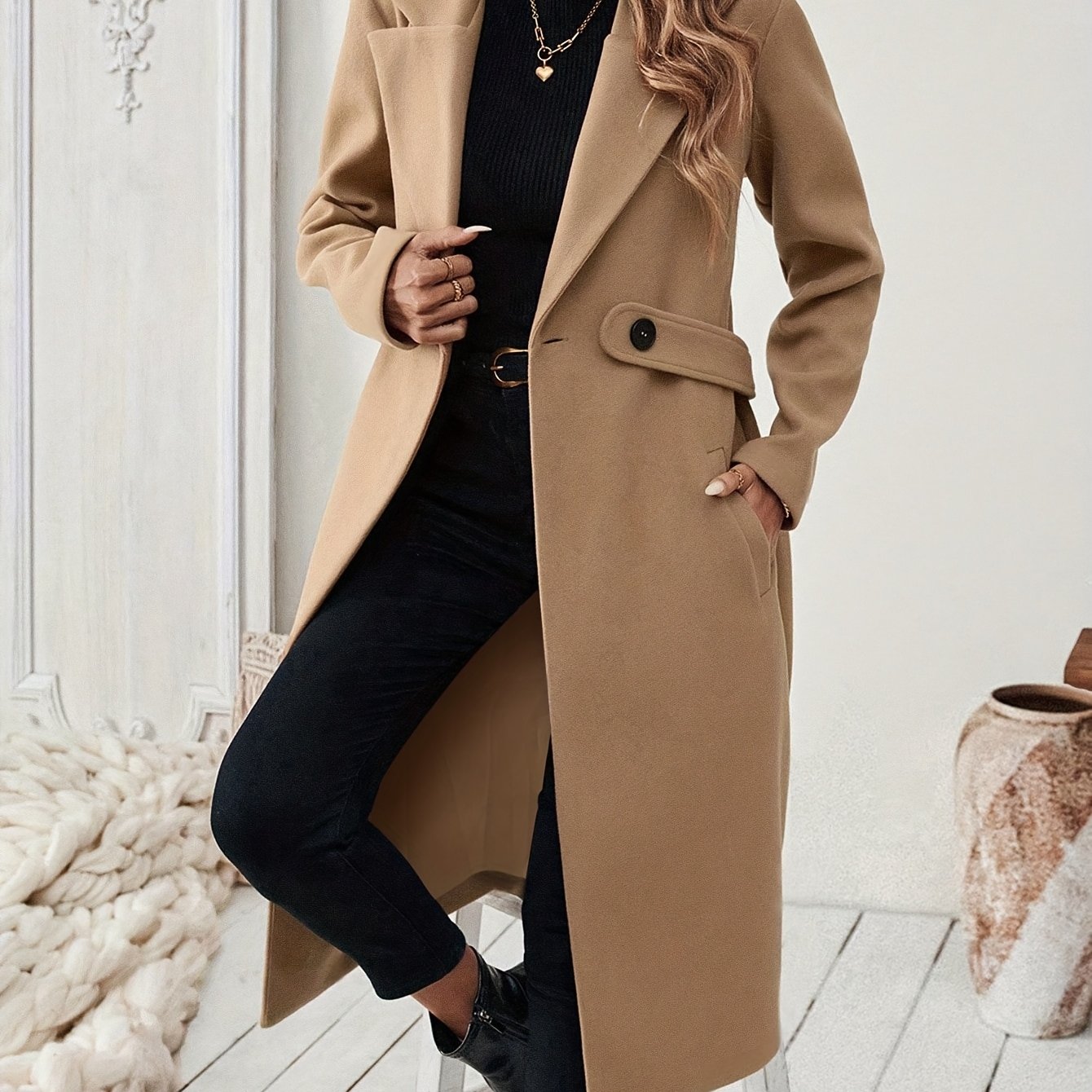 WL Atelier | Elegant Long Black Tweed Coat with Belt