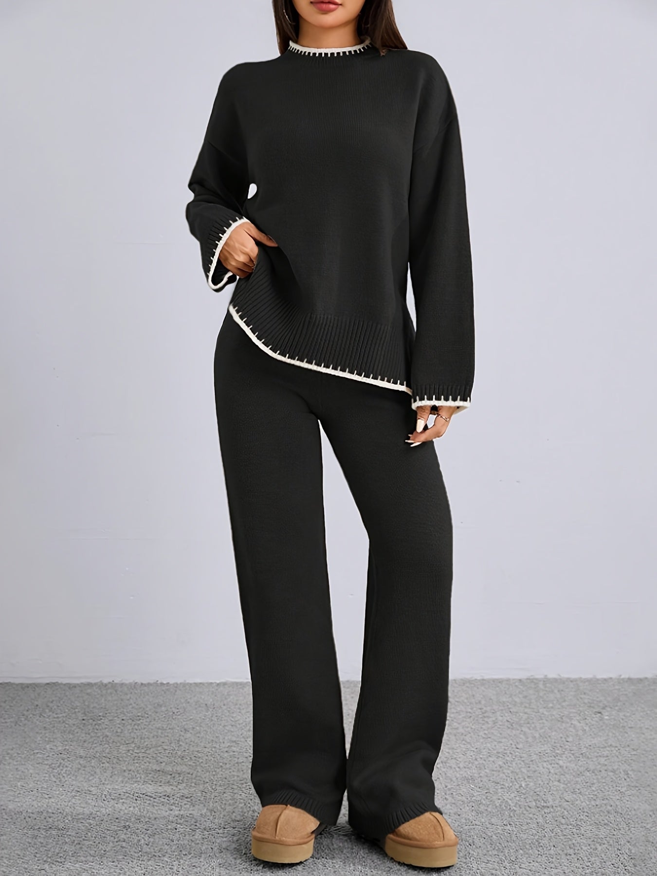 WL Atelier | Elegant Contrast Pullover Sweater & Pants Two-Piece Set