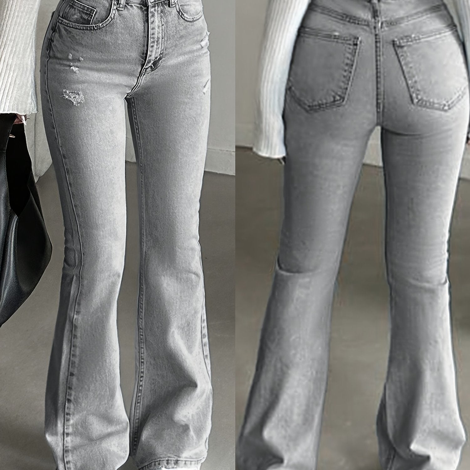 WL Atelier | High-Waisted Light Grey Distressed Bell-Bottom Jeans