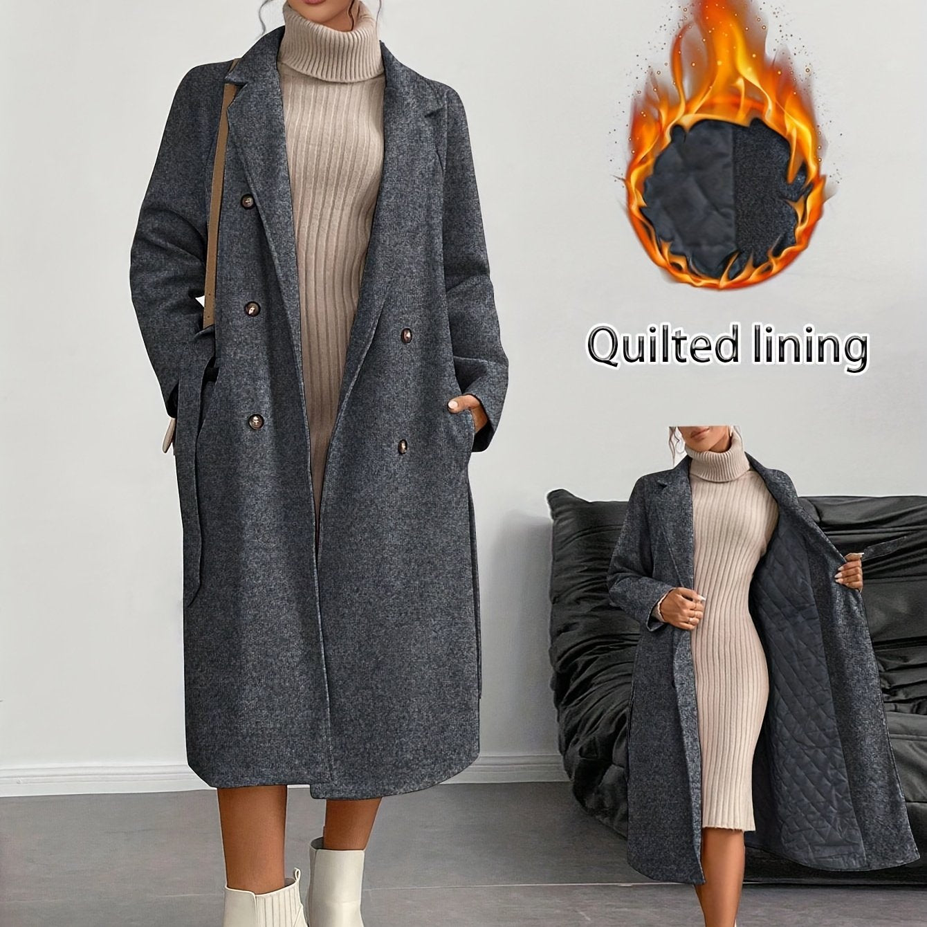 WL Atelier | Elegant Double-Breasted Long Coat with Belt