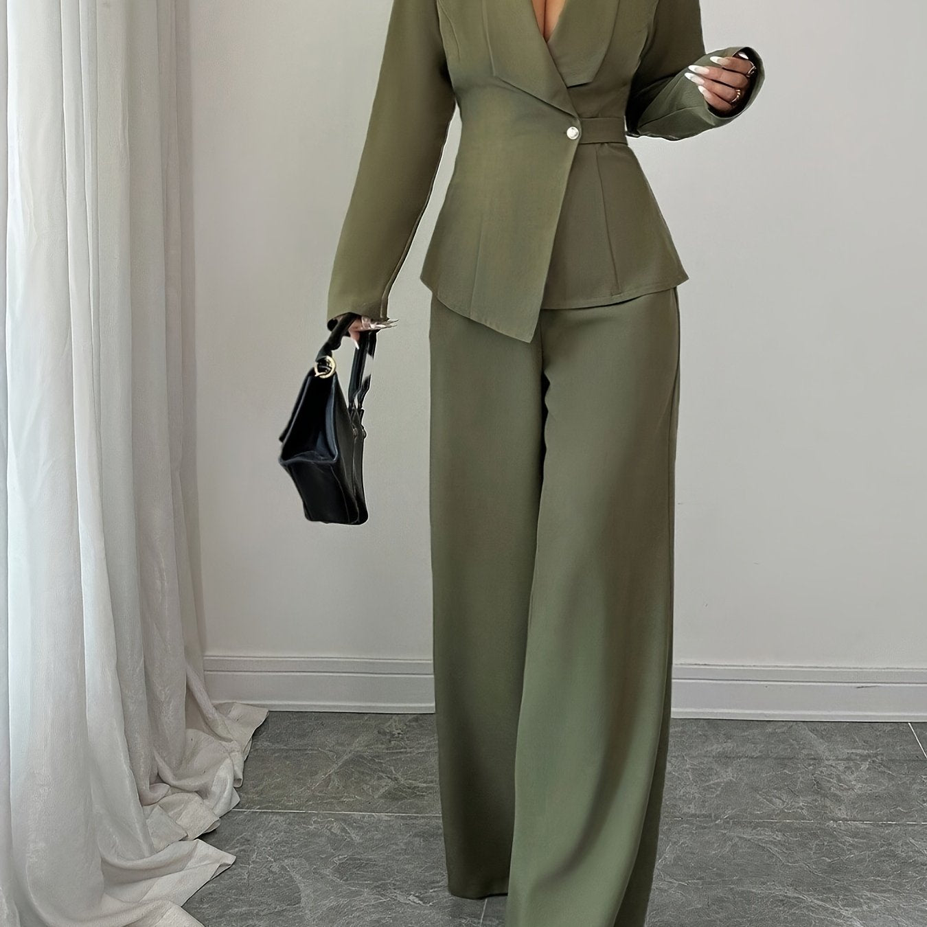 WL Atelier | Elegant V-Neck Belted Blazer & Wide-Leg Pants Set