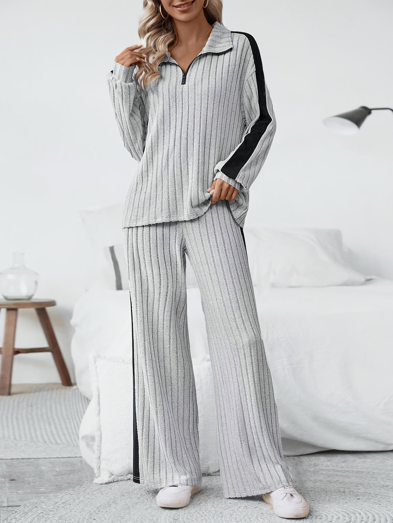 WL Atelier | Striped Collar Top & Color-Block Wide-Leg Pants Set