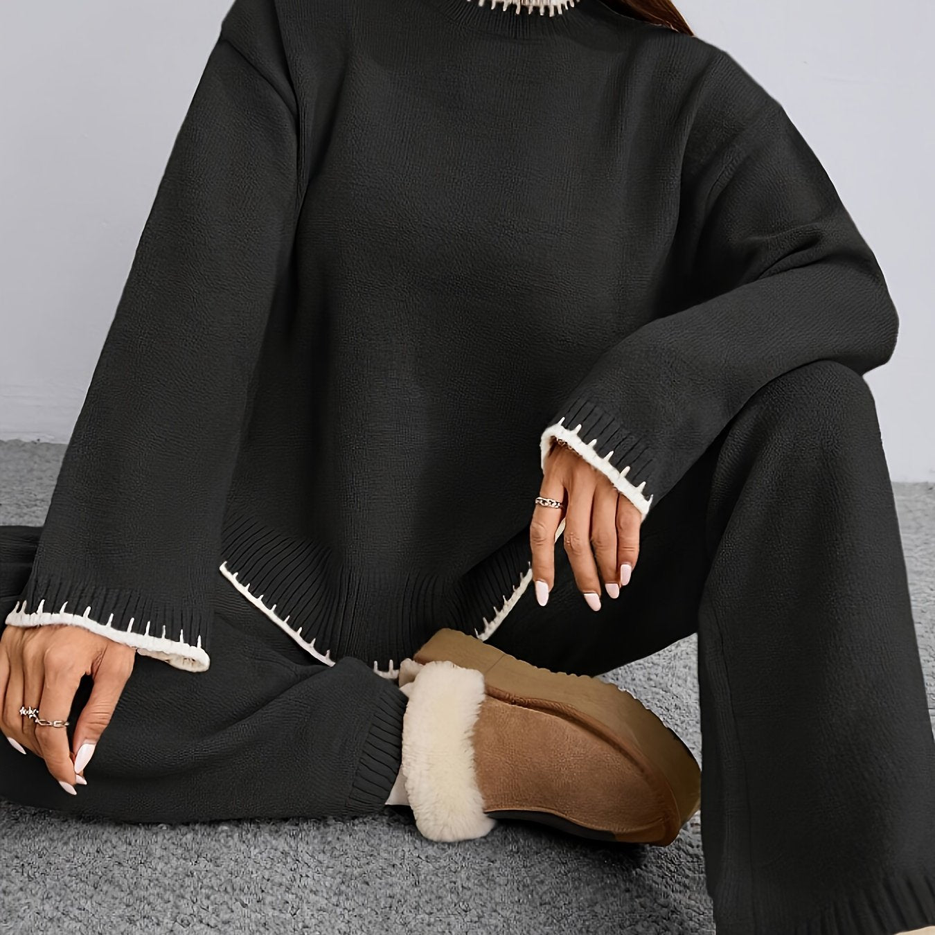 WL Atelier | Elegant Contrast Pullover Sweater & Pants Two-Piece Set