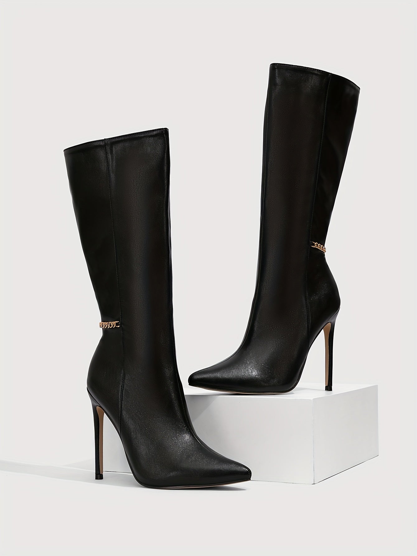 WL Atelier | Black Pointed-Toe Stiletto Ankle Boots with Golden Zipper