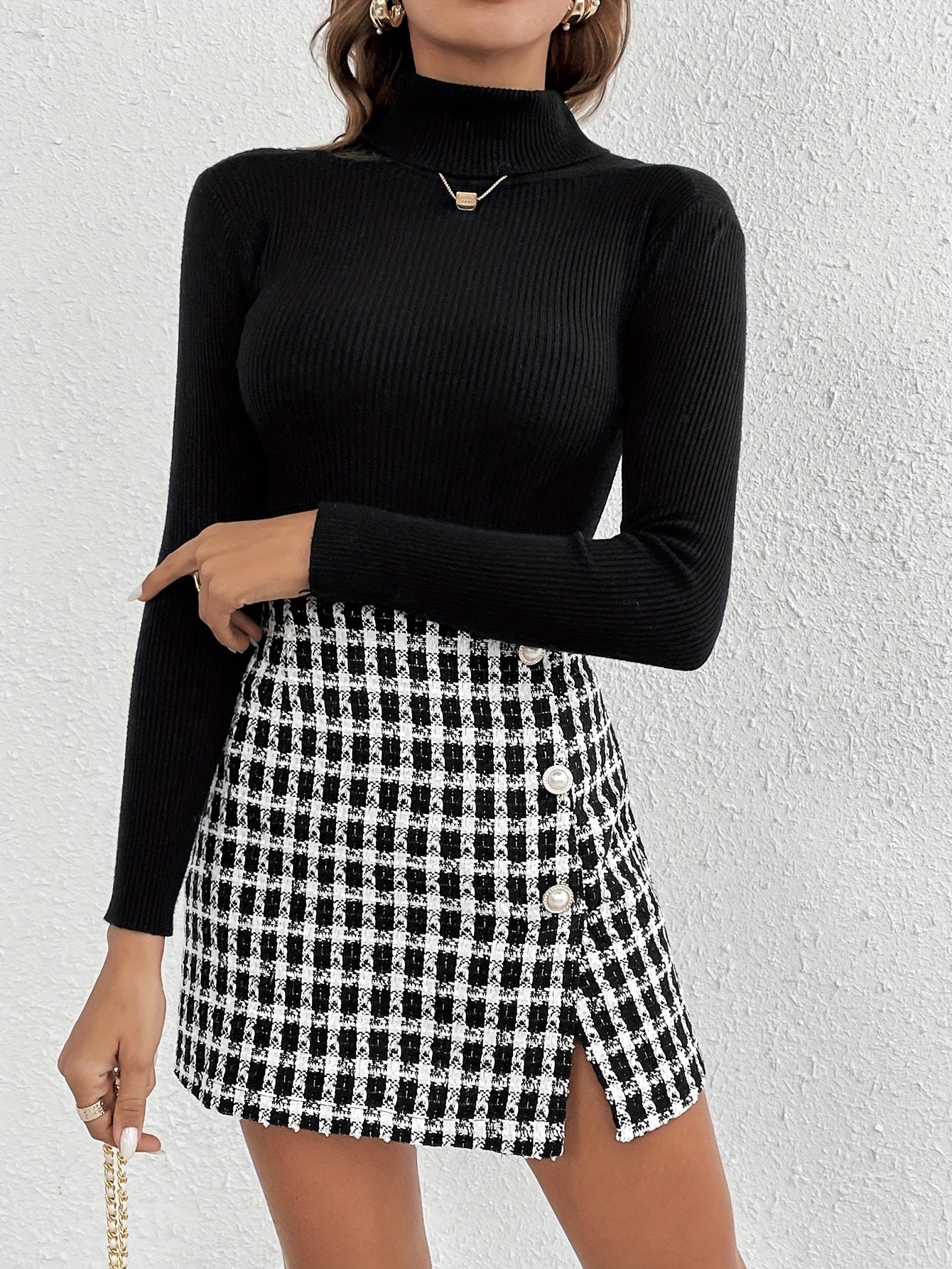 WL Atelier | Elegant Plaid Asymmetrical Skirt with Button Detail