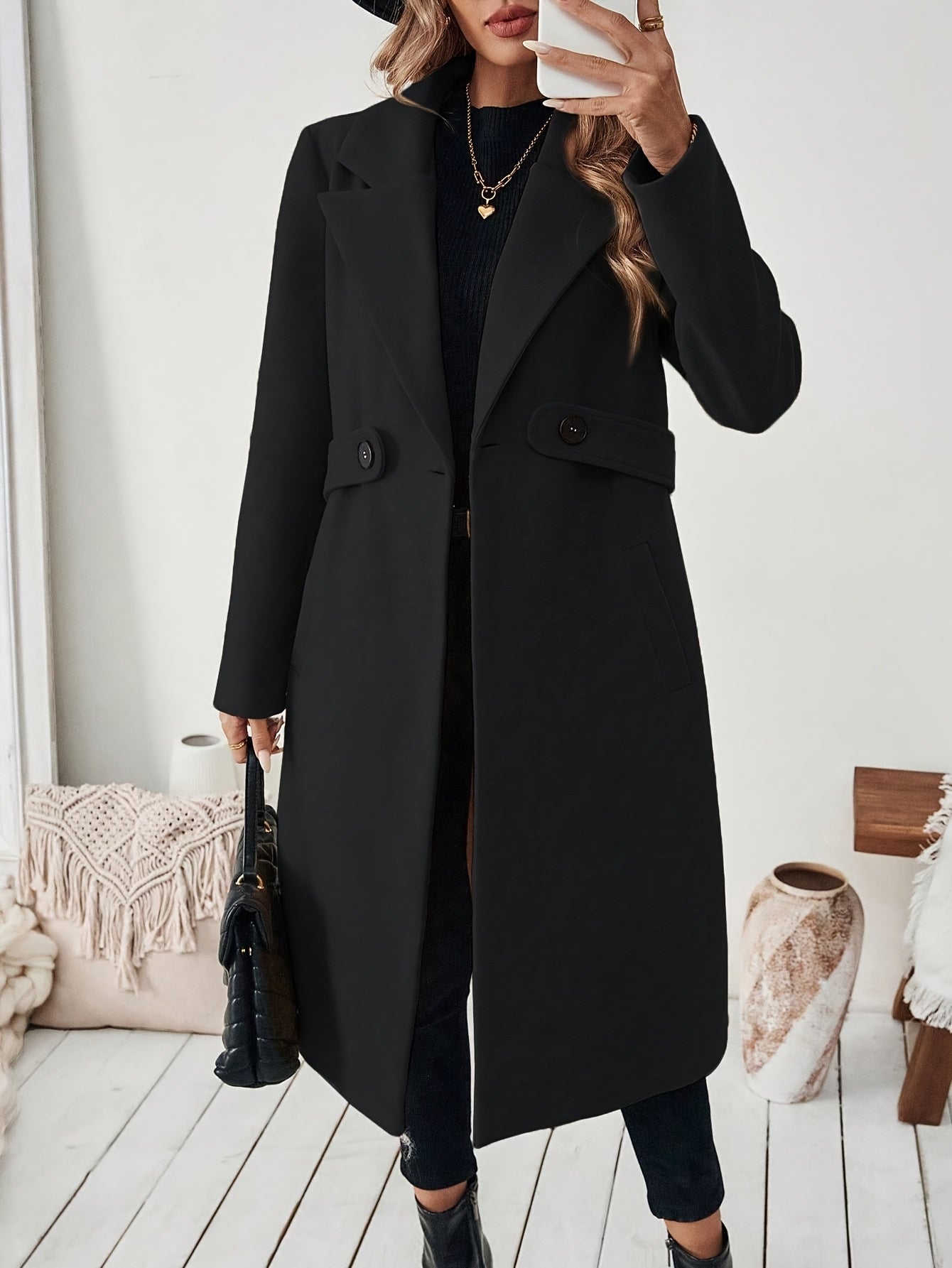 WL Atelier | Elegant Long Black Tweed Coat with Belt