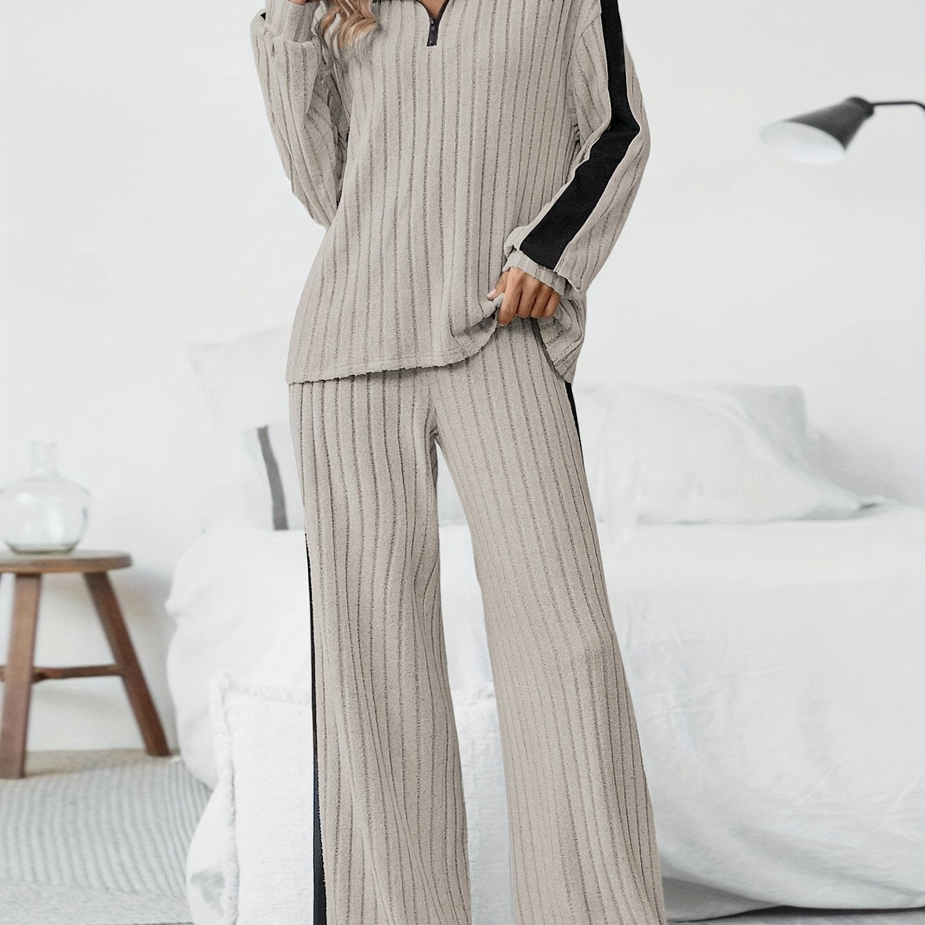 WL Atelier | Striped Collar Top & Color-Block Wide-Leg Pants Set