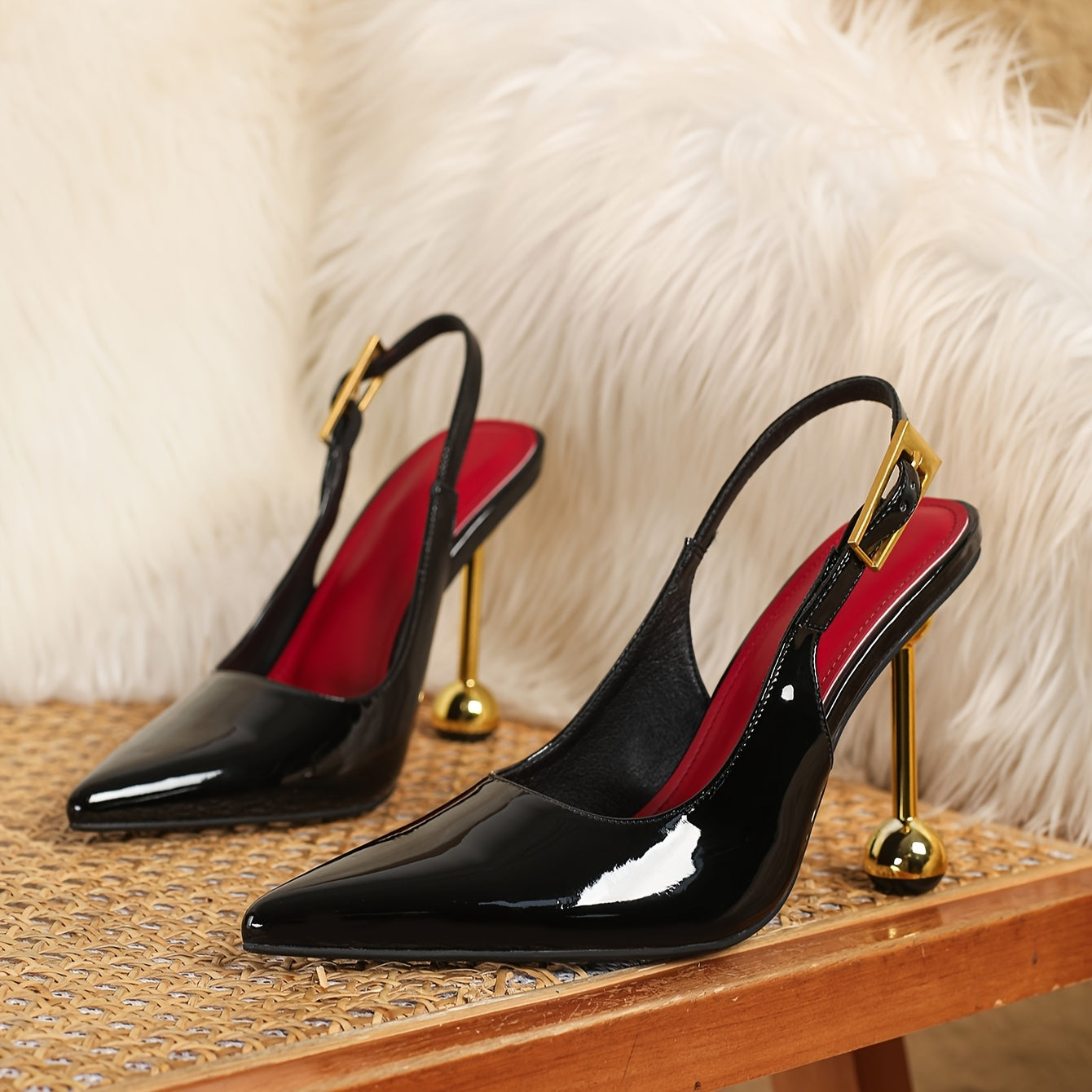 WL Atelier | Elegant Black Pointed-Toe High Heel Sandals with Golden Accents