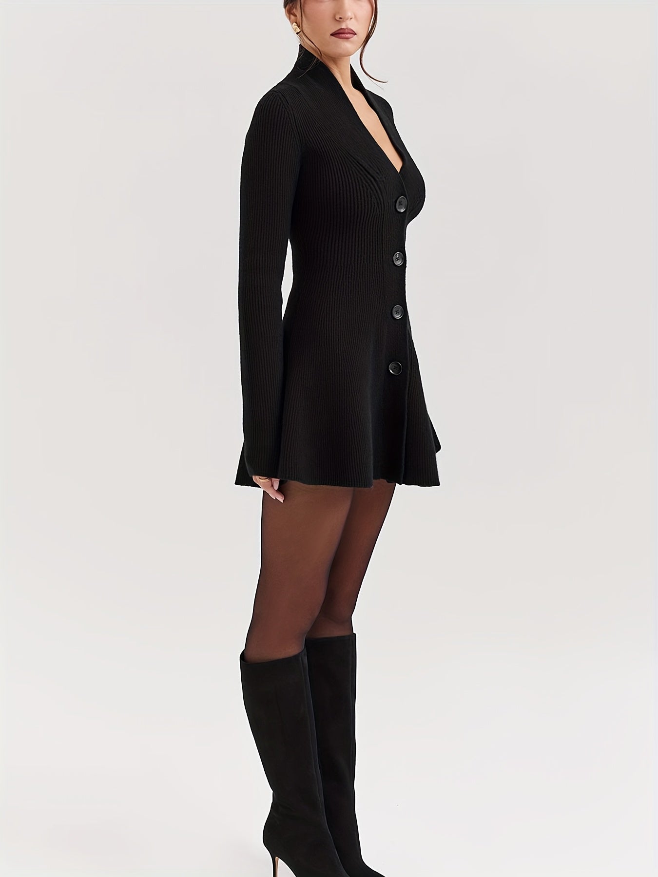 WL Atelier | Elegant Black V-Neck Long-Sleeve A-Line Dress Coat