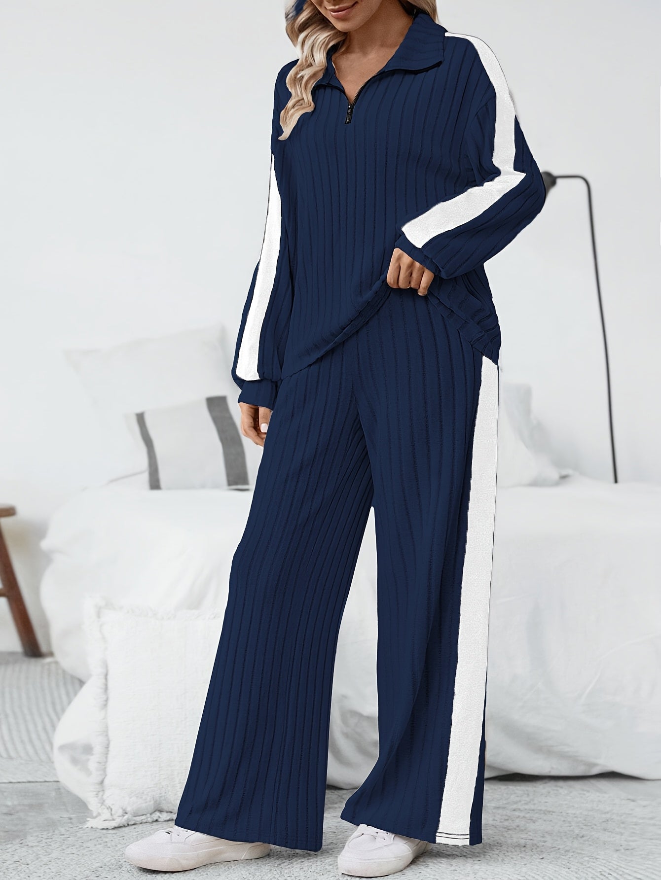 WL Atelier | Striped Collar Top & Color-Block Wide-Leg Pants Set