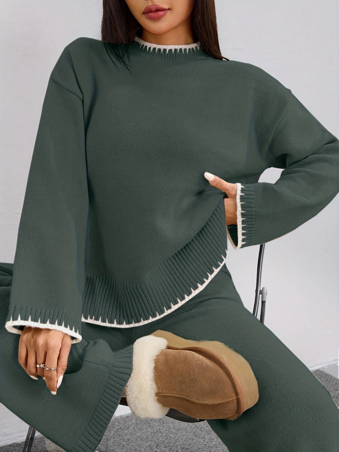 WL Atelier | Elegant Contrast Pullover Sweater & Pants Two-Piece Set