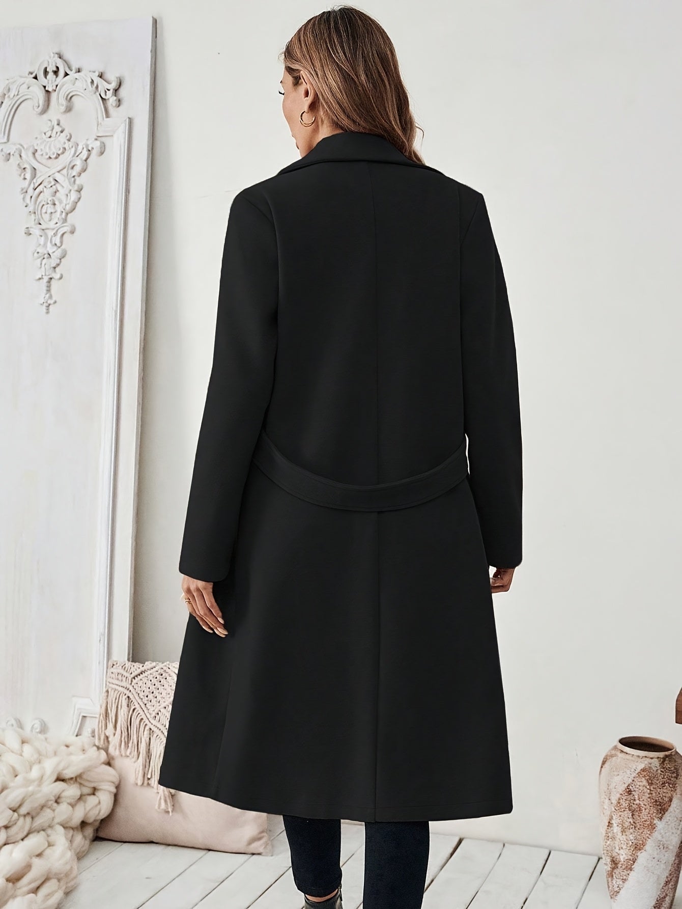 WL Atelier | Elegant Long Black Tweed Coat with Belt