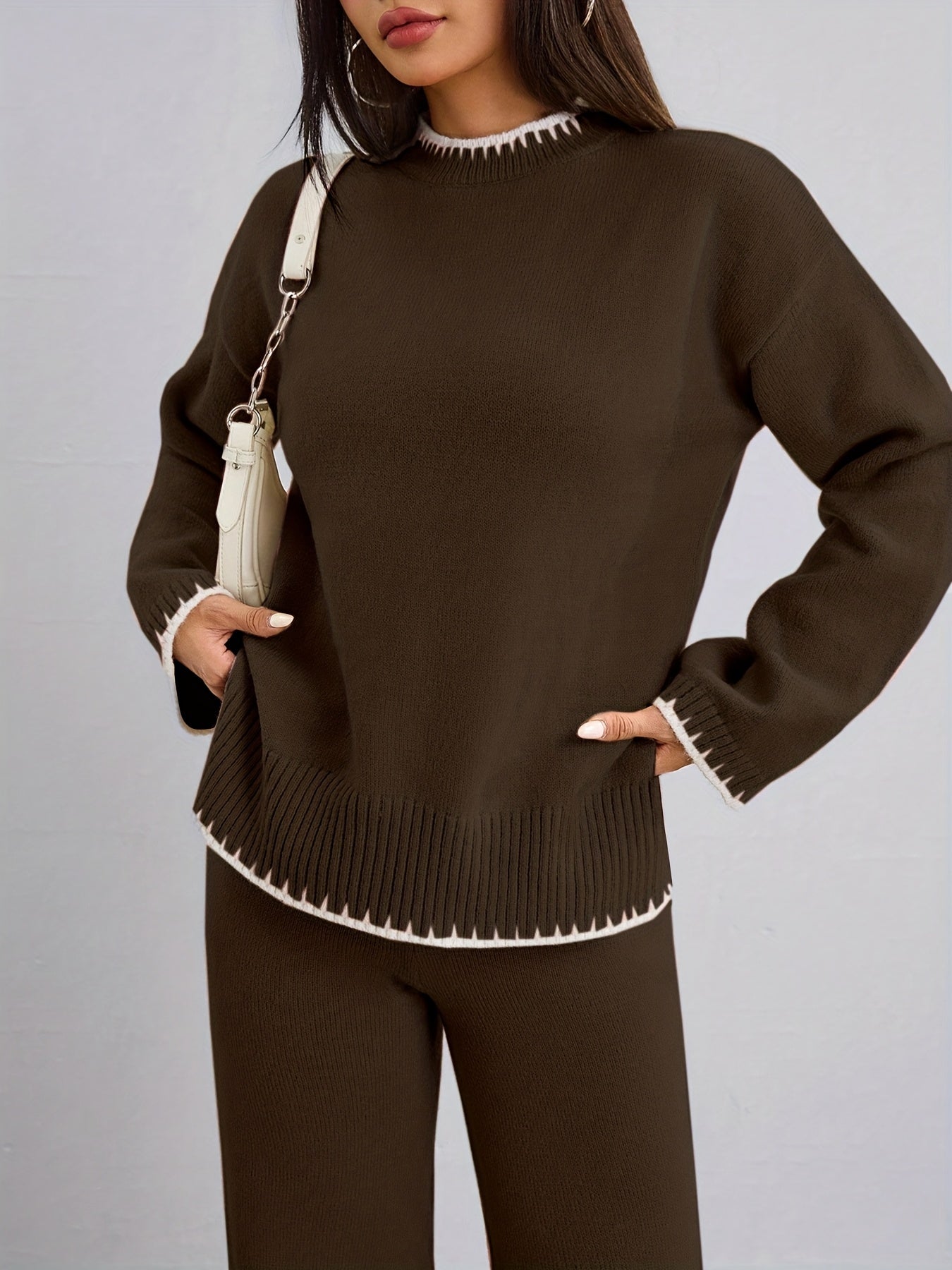 WL Atelier | Elegant Contrast Pullover Sweater & Pants Two-Piece Set