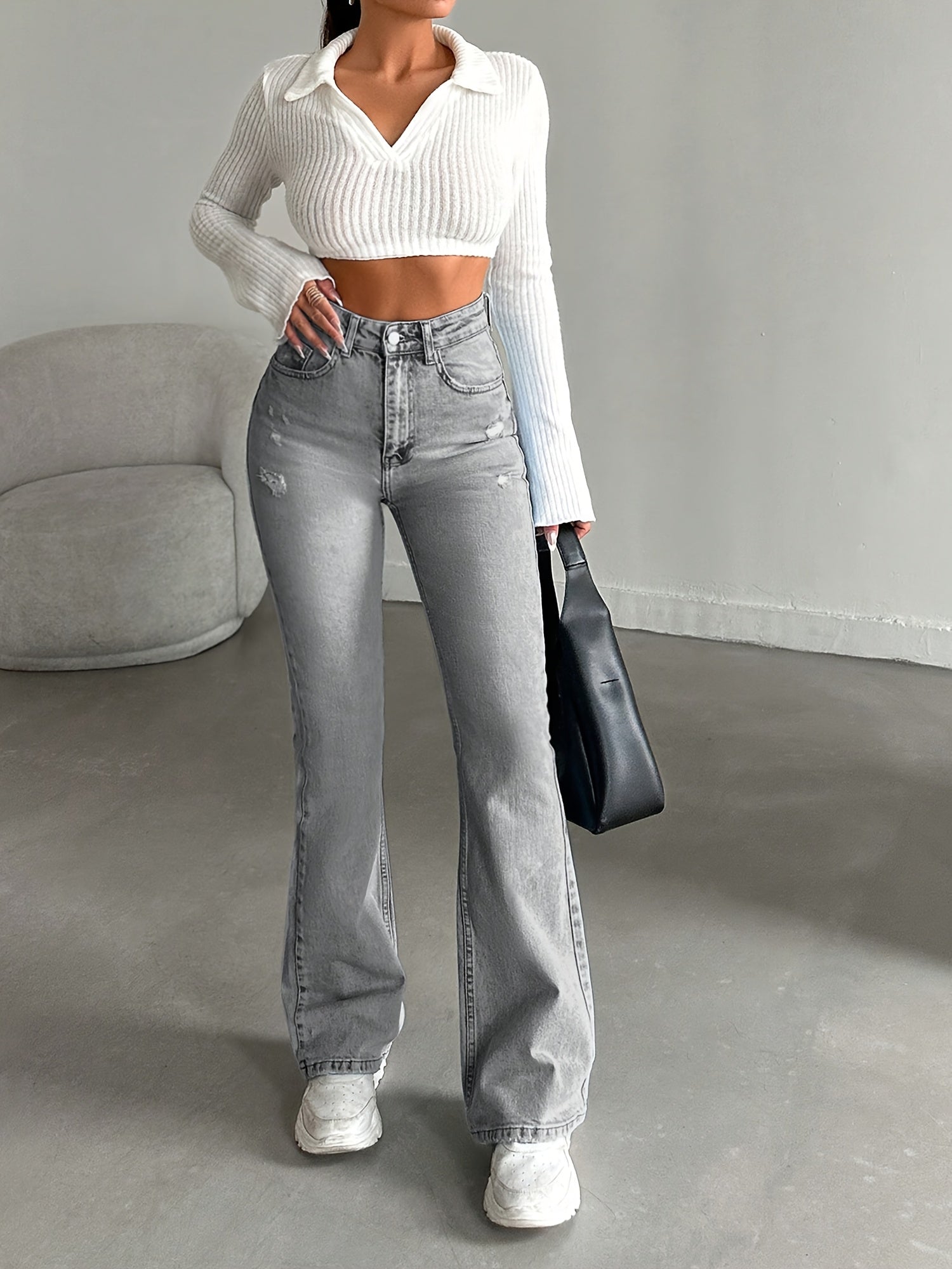 WL Atelier | High-Waisted Light Grey Distressed Bell-Bottom Jeans