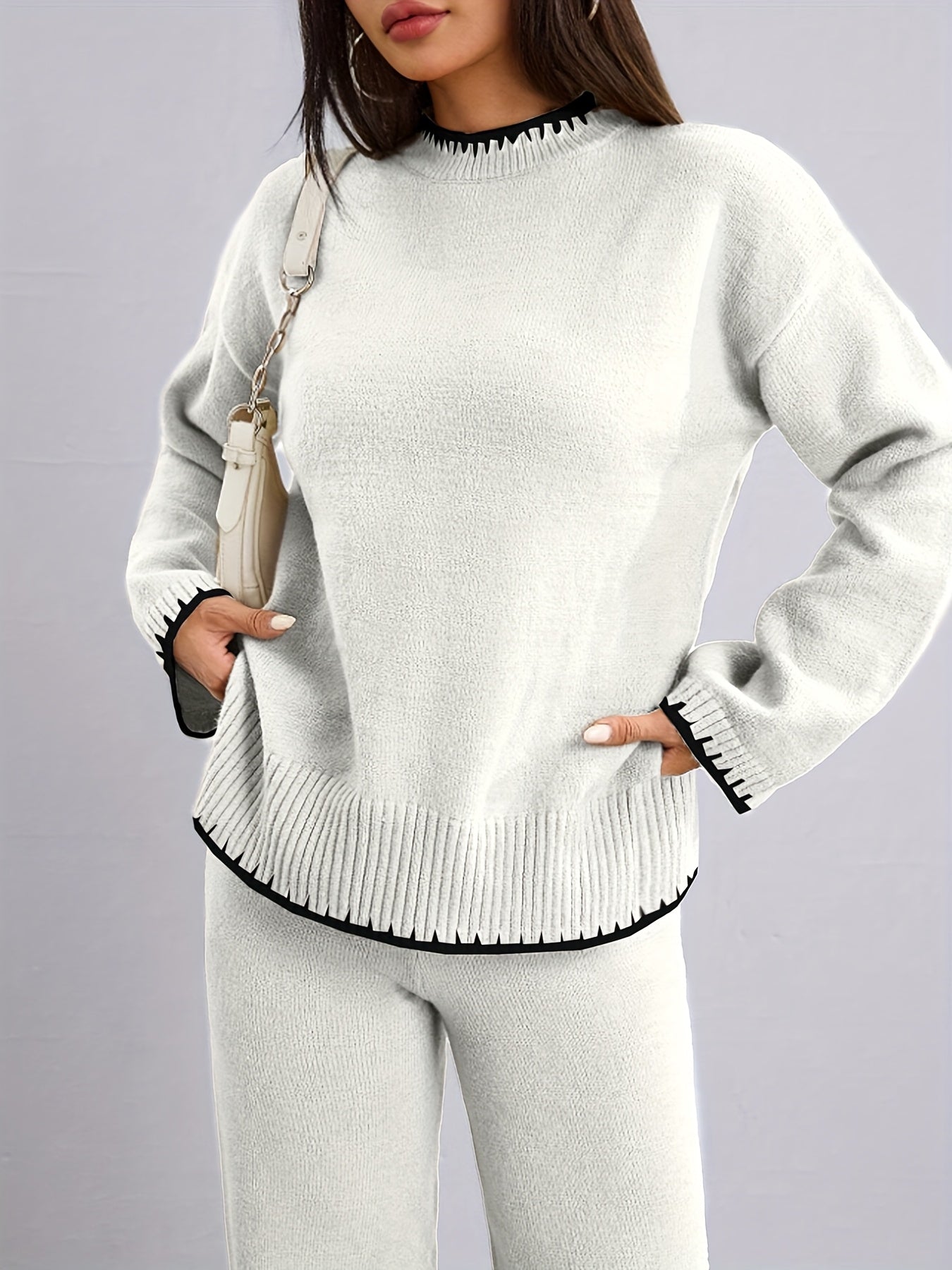 WL Atelier | Elegant Contrast Pullover Sweater & Pants Two-Piece Set
