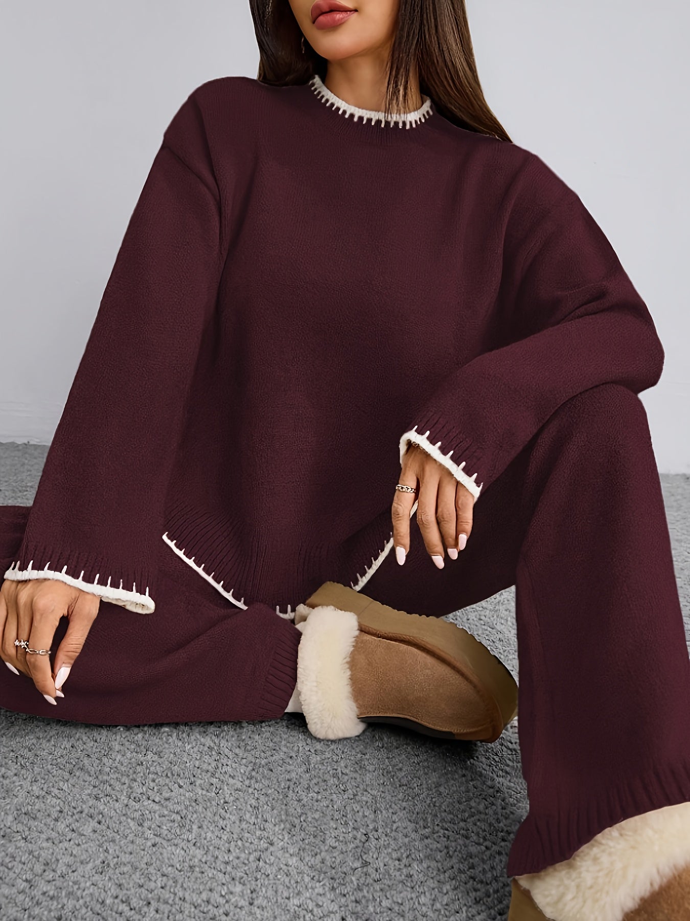 WL Atelier | Elegant Contrast Pullover Sweater & Pants Two-Piece Set