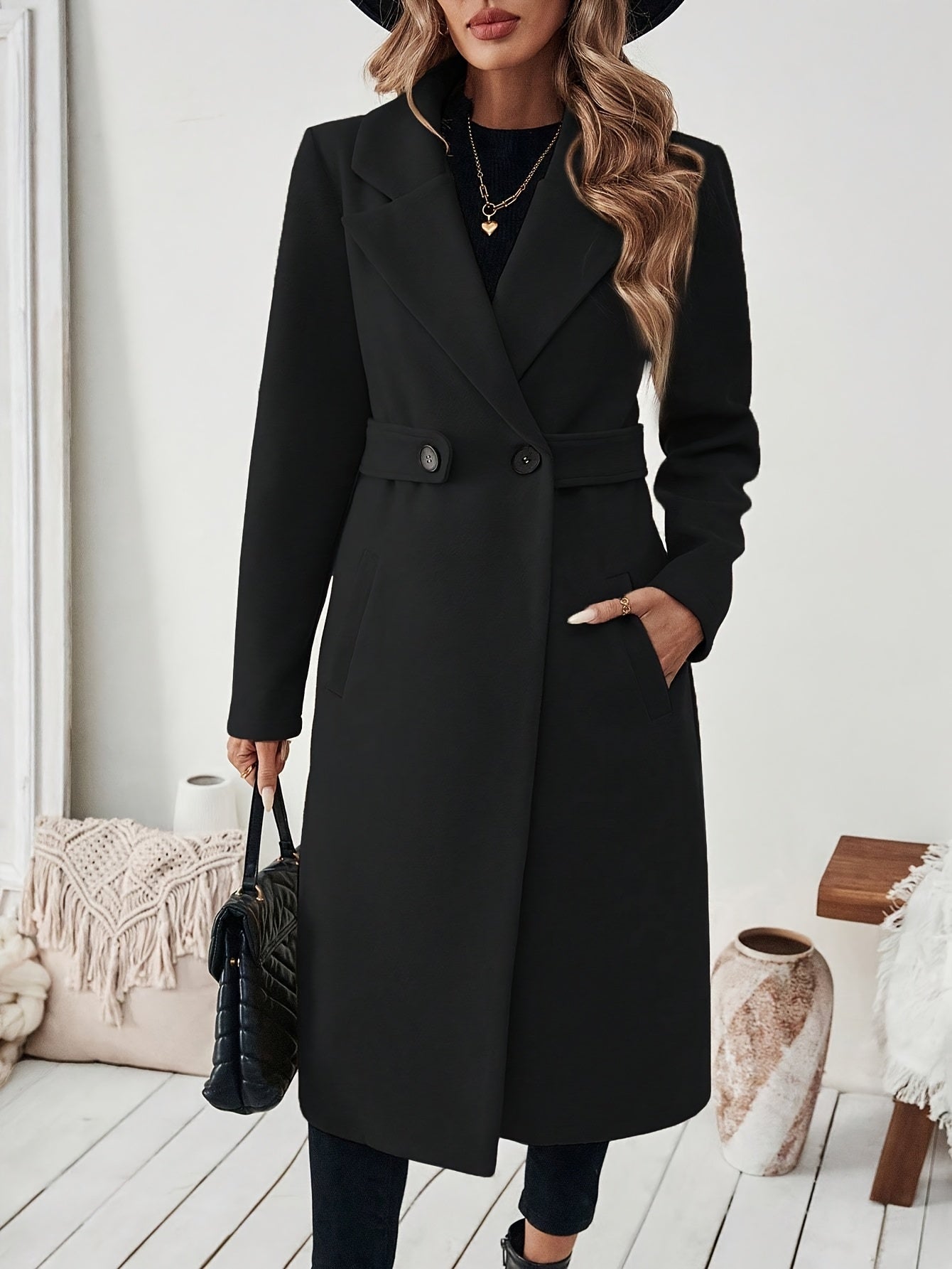 WL Atelier | Elegant Long Black Tweed Coat with Belt