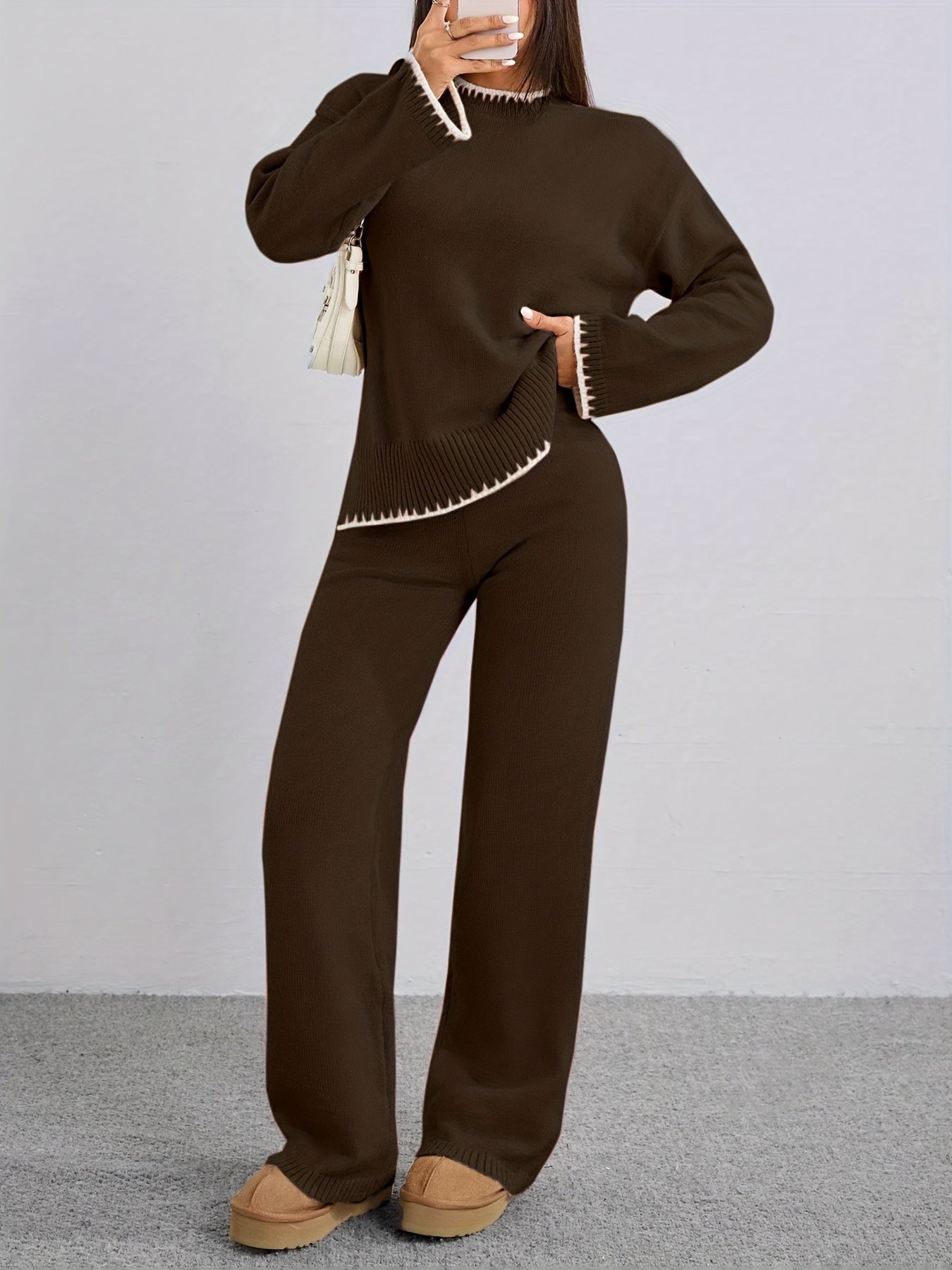 WL Atelier | Elegant Contrast Pullover Sweater & Pants Two-Piece Set