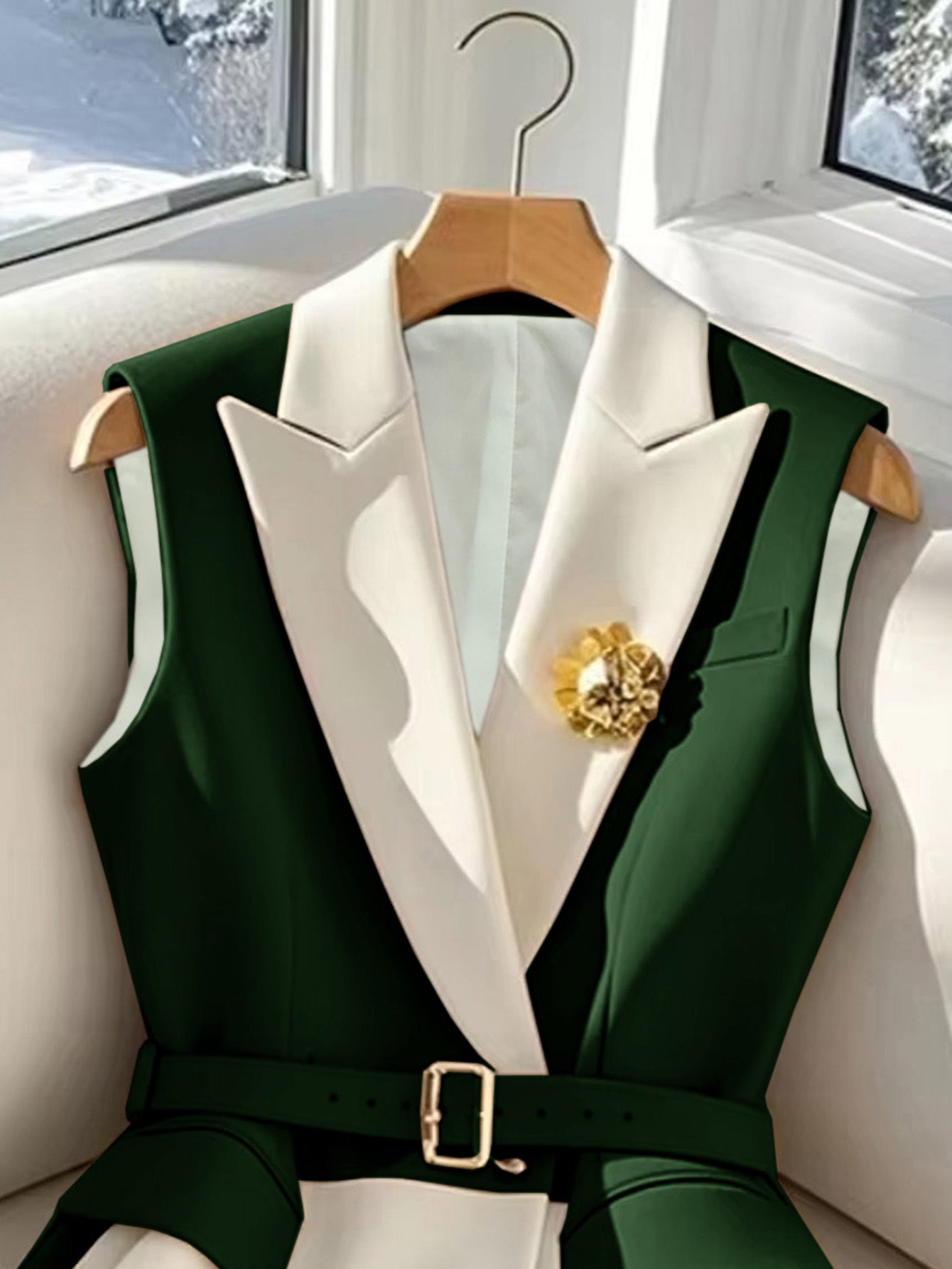 WL Atelier | Elegant Green & White Color Block Blazer Vest