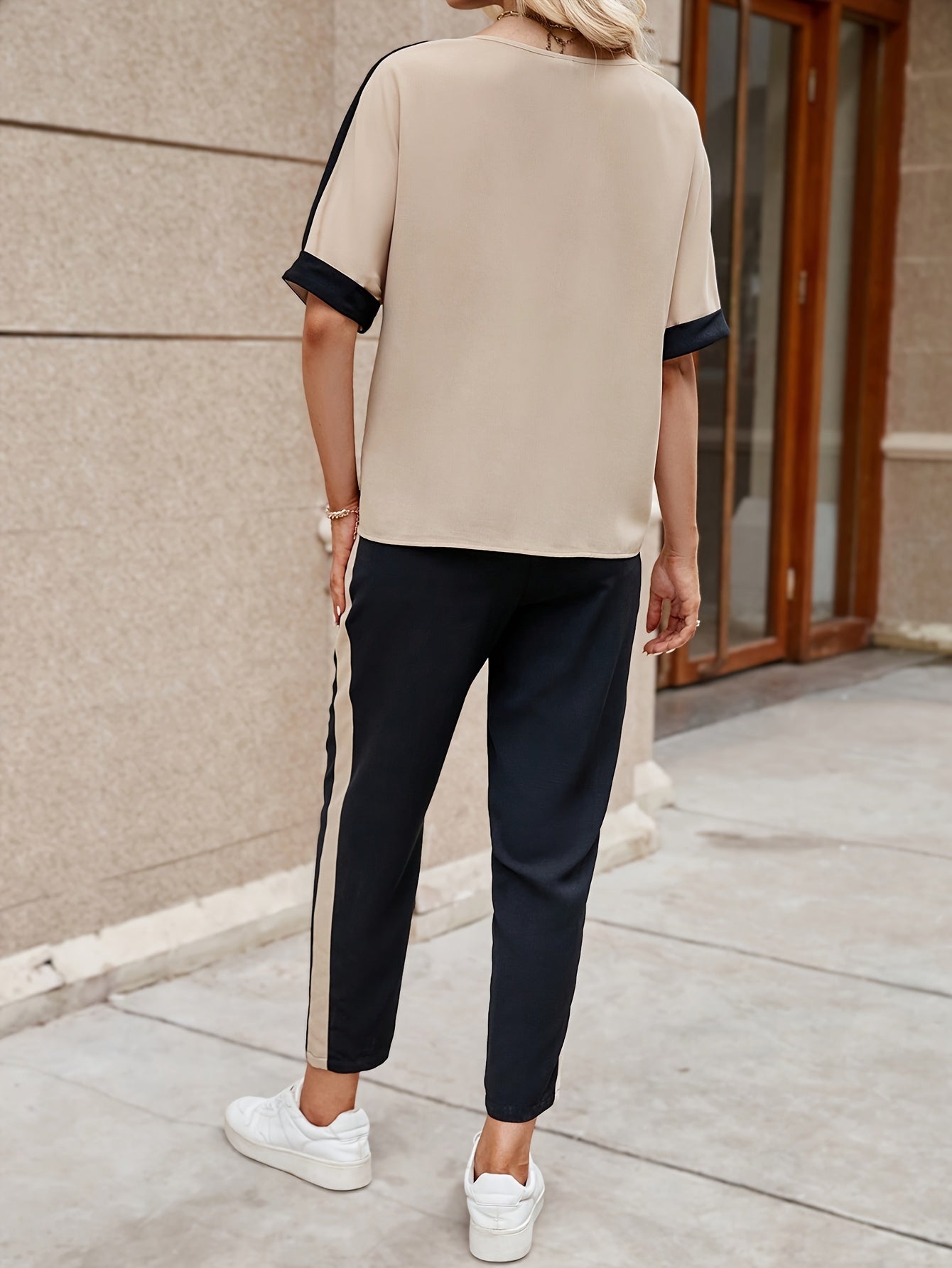 WL Atelier | Elegant Beige & Black Color Block Pantsuit