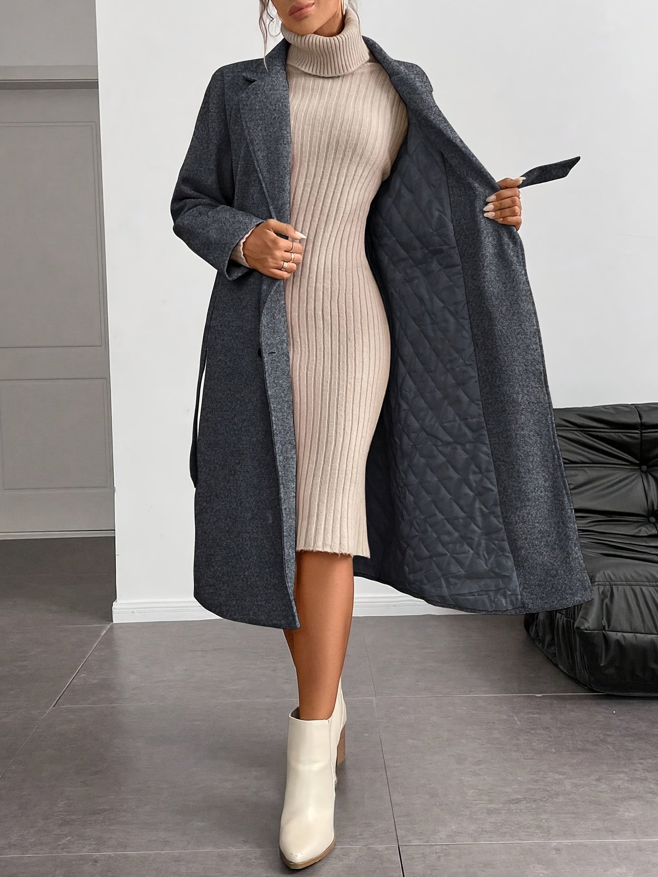WL Atelier | Elegant Double-Breasted Long Coat with Belt