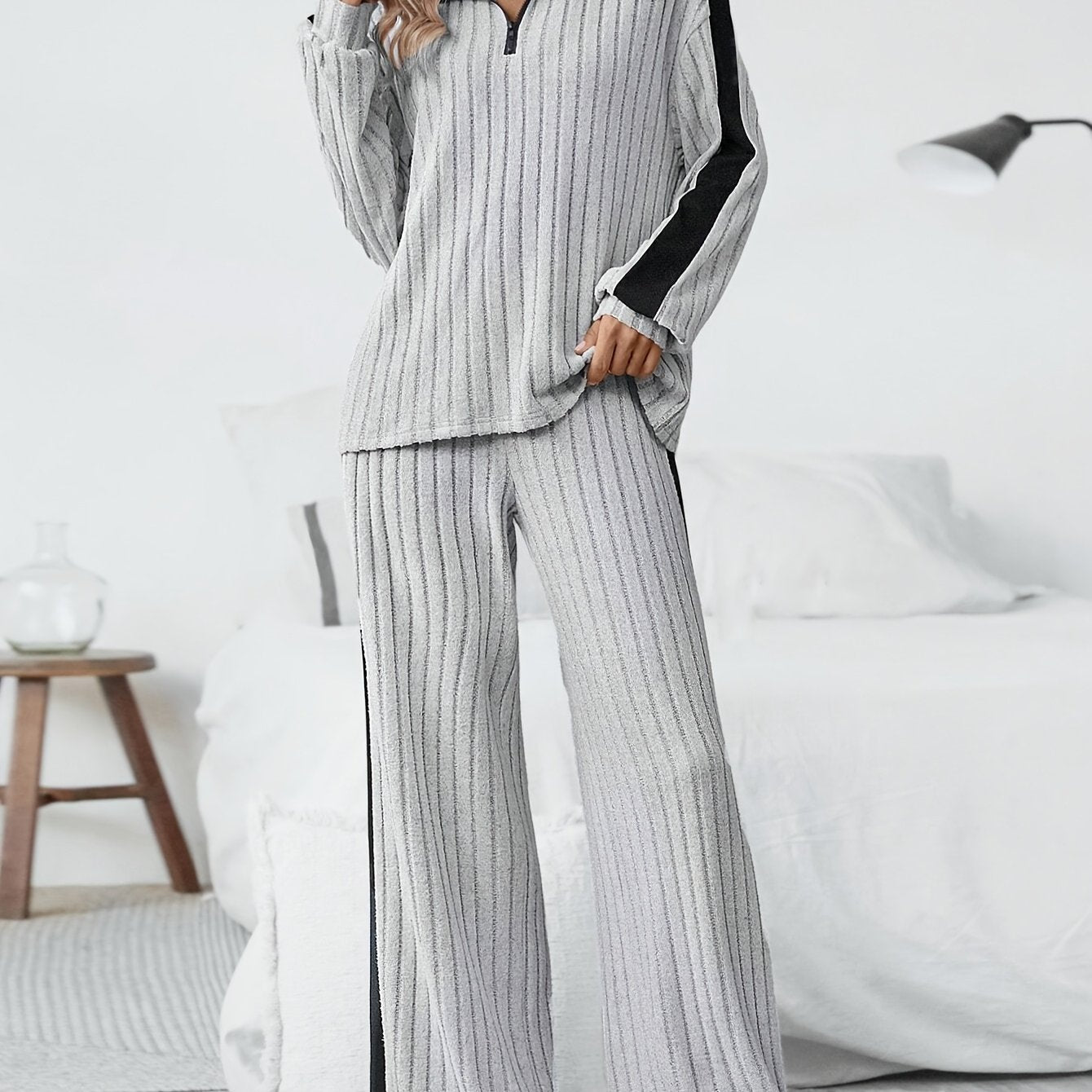 WL Atelier | Striped Collar Top & Color-Block Wide-Leg Pants Set