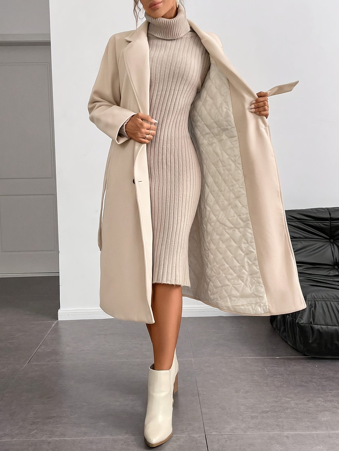 WL Atelier | Elegant Double-Breasted Long Coat with Belt