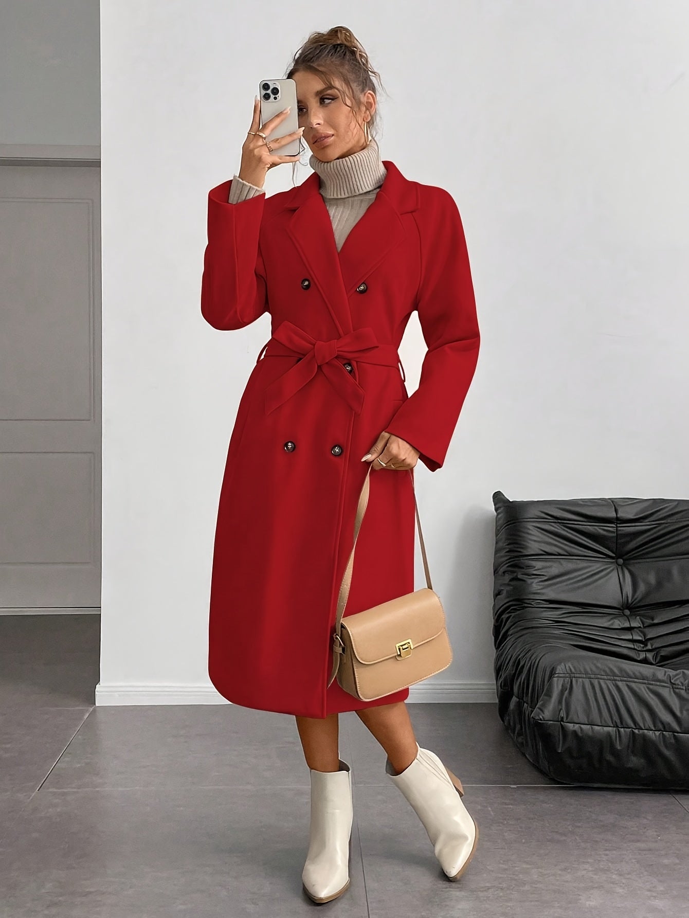 WL Atelier | Elegant Double-Breasted Long Coat with Belt