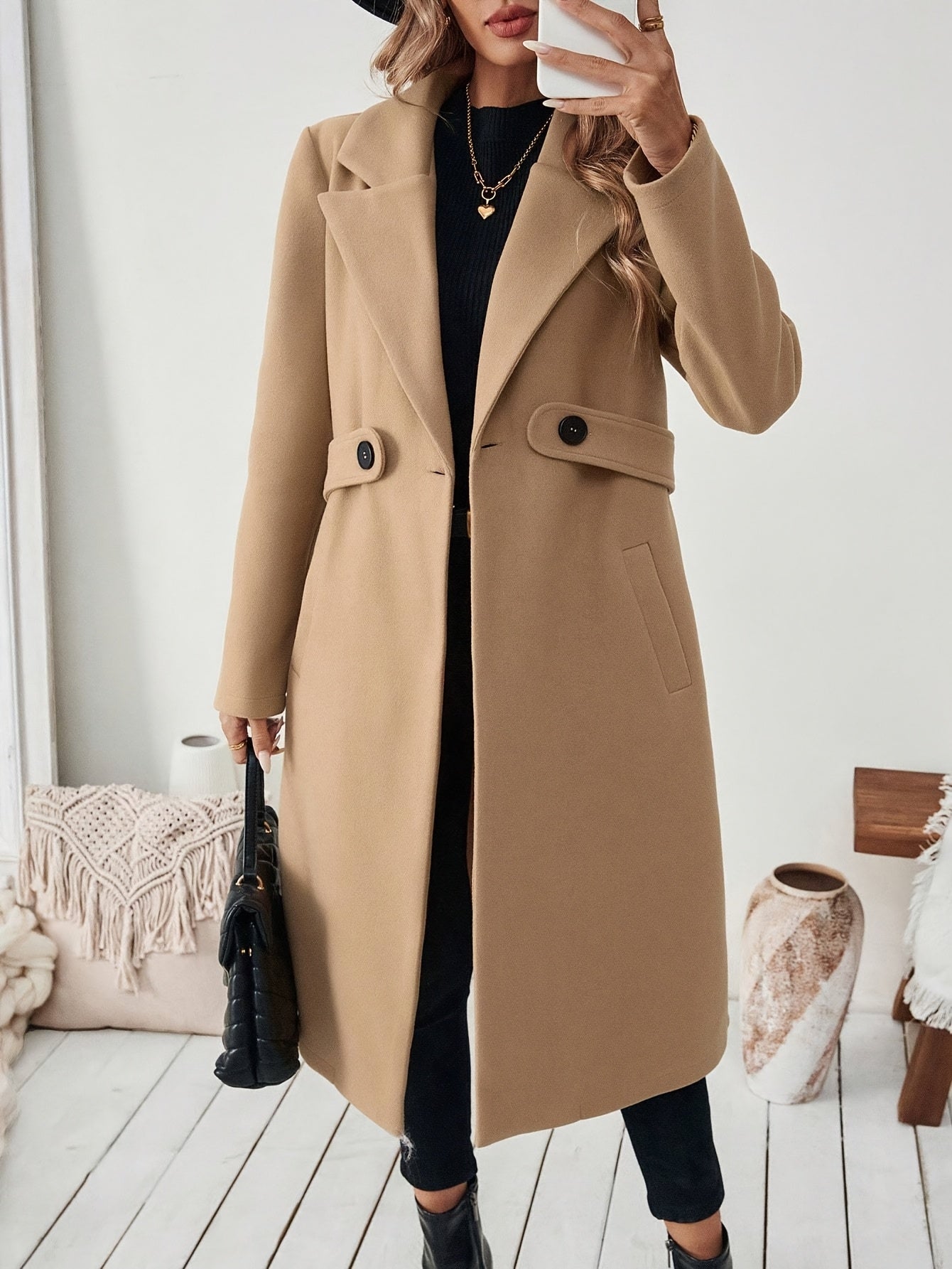 WL Atelier | Elegant Long Black Tweed Coat with Belt