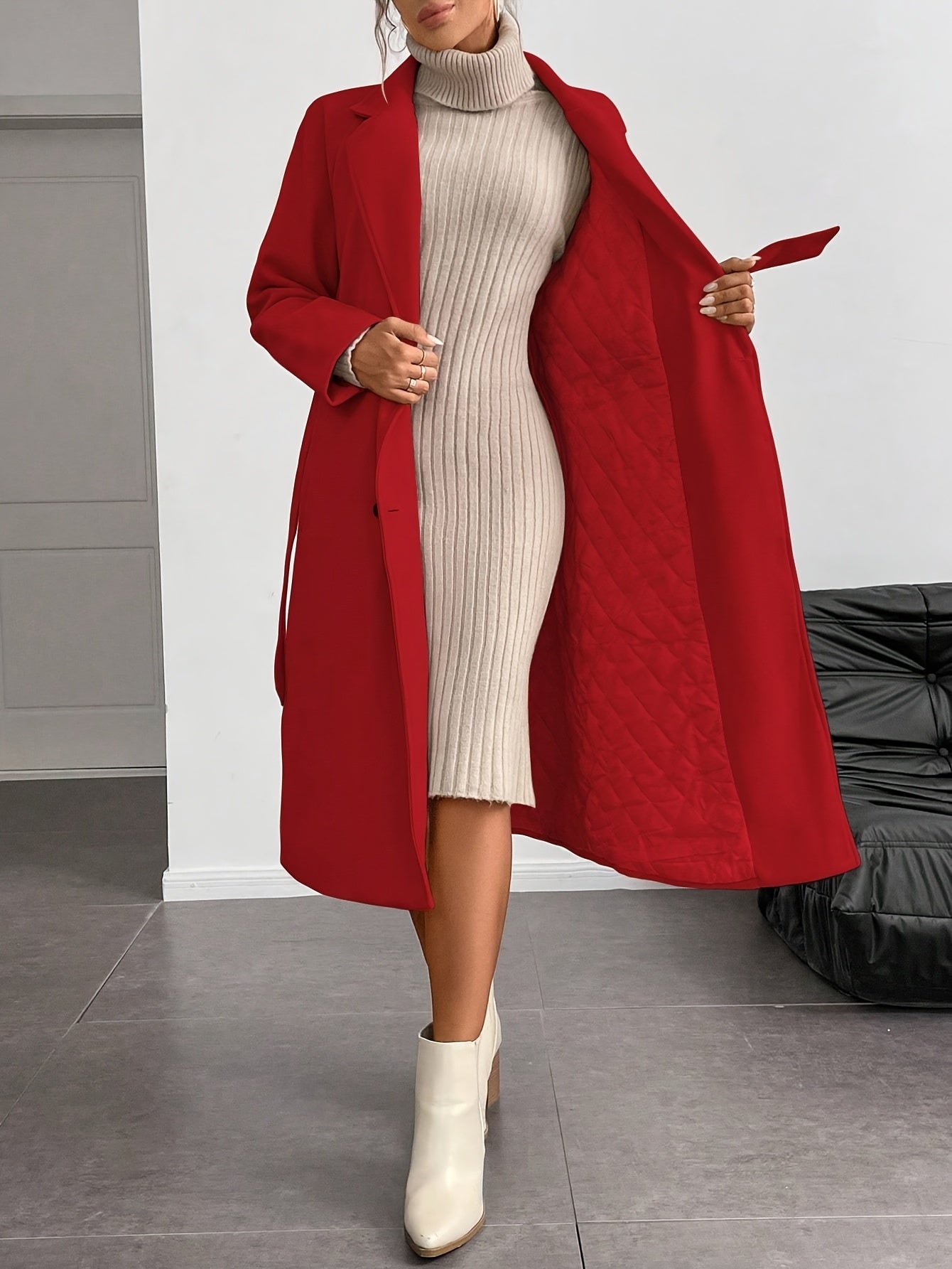 WL Atelier | Elegant Double-Breasted Long Coat with Belt