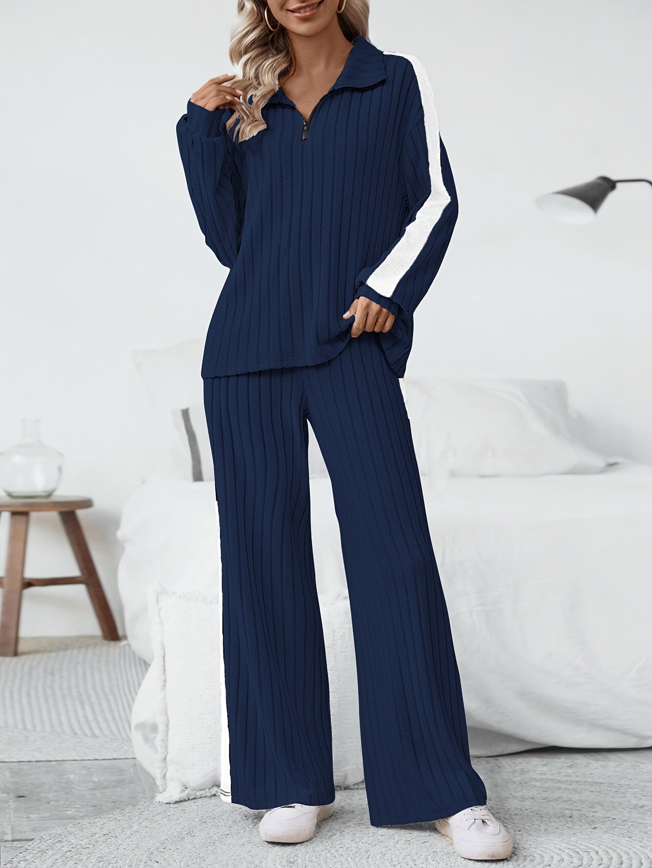 WL Atelier | Striped Collar Top & Color-Block Wide-Leg Pants Set