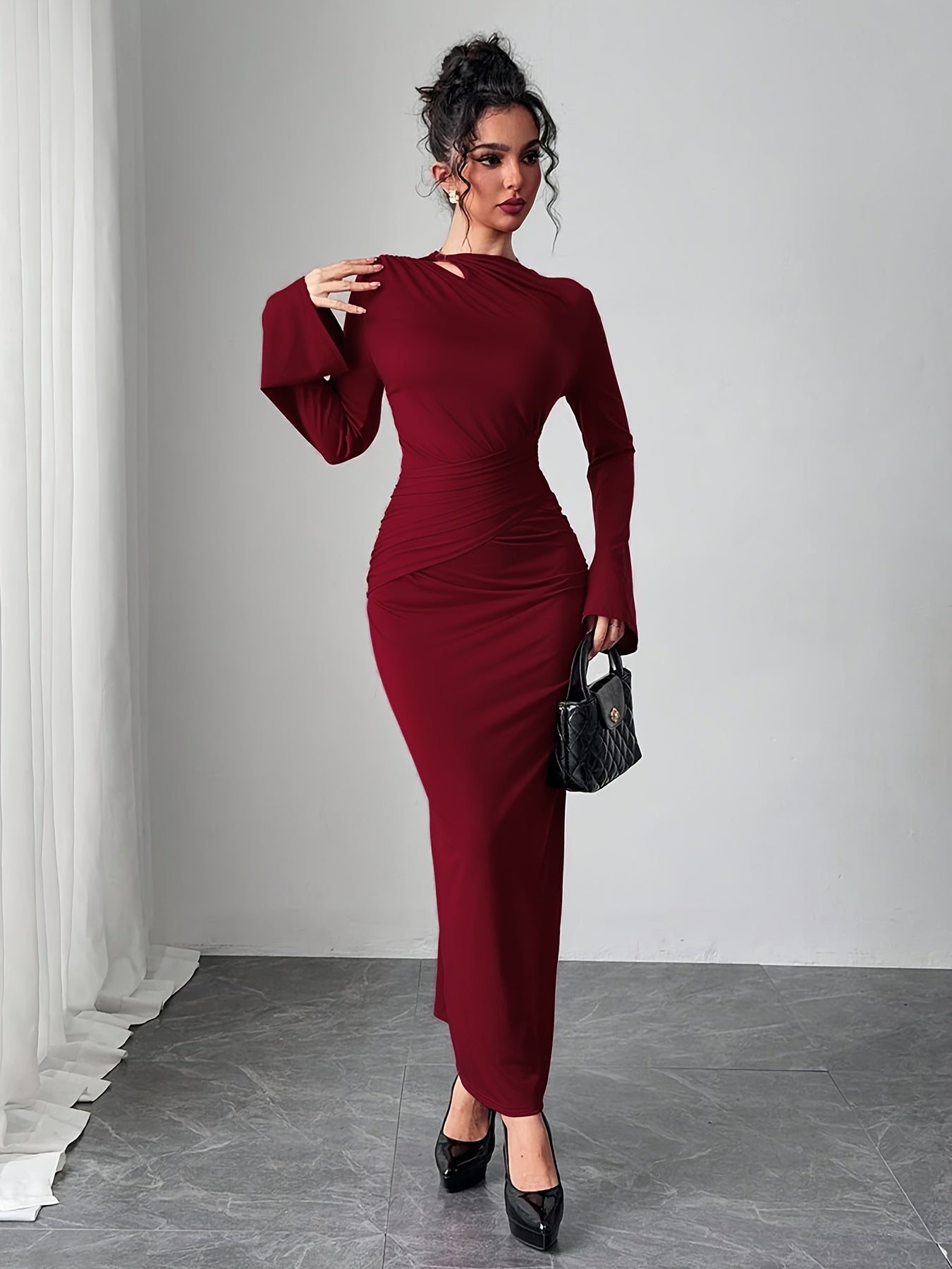 WL Atelier | Elegant Bodycon Dress with Bell Sleeves & Asymmetrical Neckline