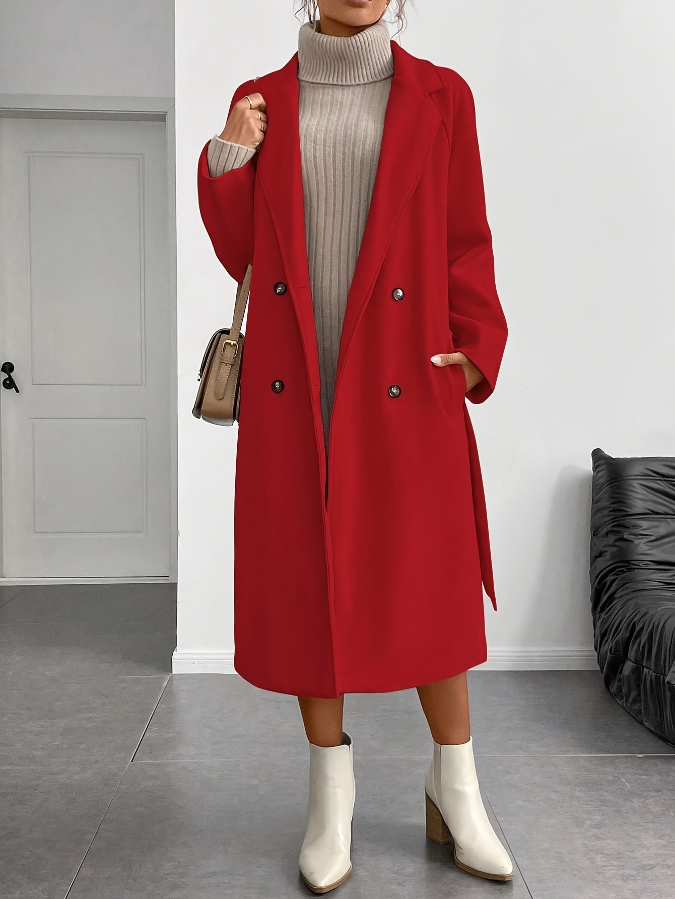 WL Atelier | Elegant Double-Breasted Long Coat with Belt