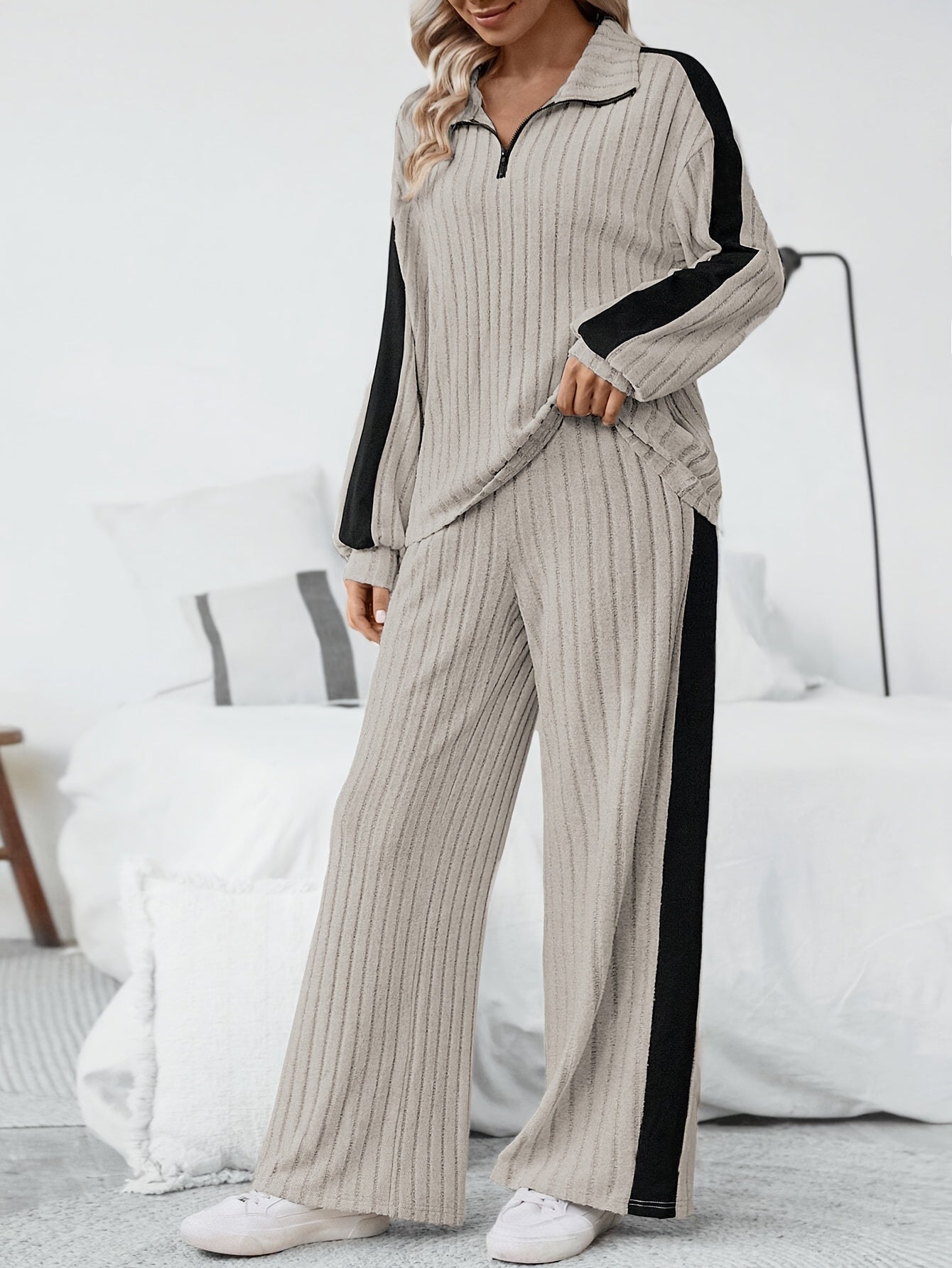 WL Atelier | Striped Collar Top & Color-Block Wide-Leg Pants Set