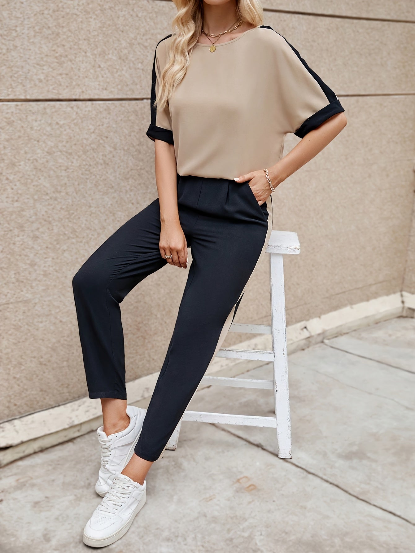 WL Atelier | Elegant Beige & Black Color Block Pantsuit