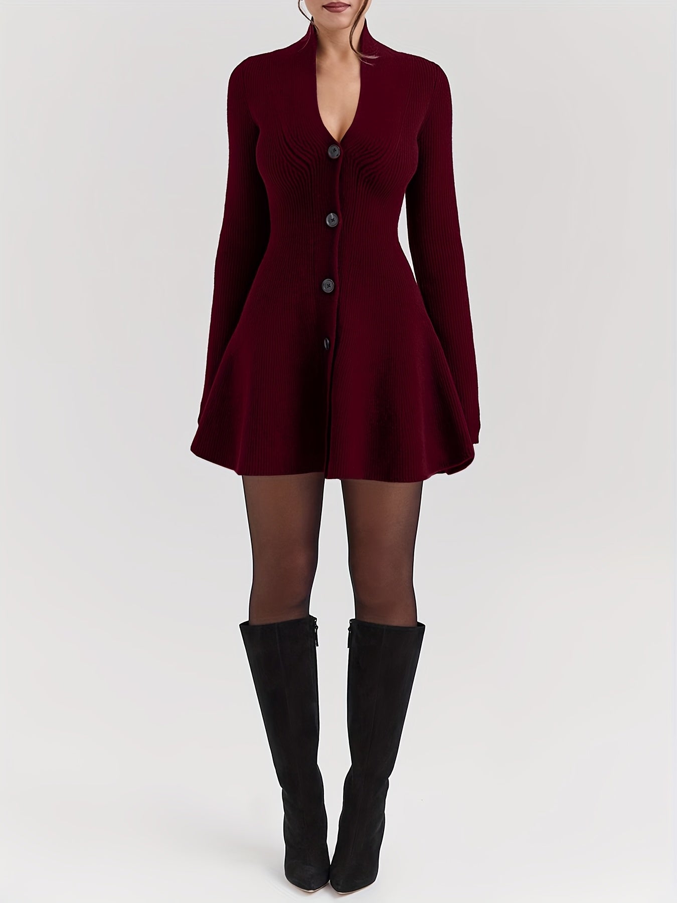 WL Atelier | Elegant Black V-Neck Long-Sleeve A-Line Dress Coat